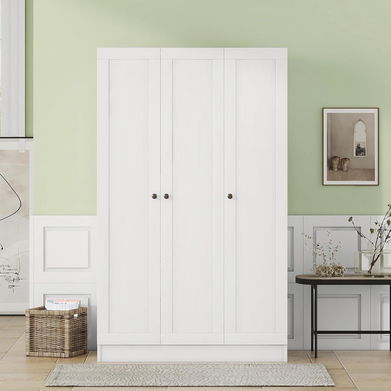 White MDF 3-Door Wardrobe with Shelves and Hanging Rods