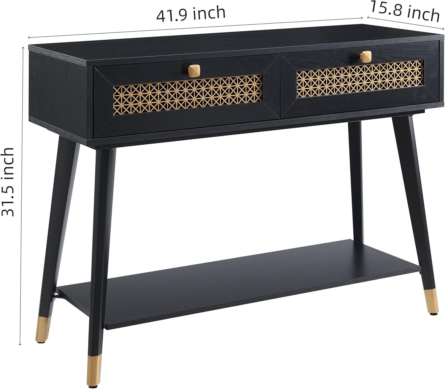 JYED Mid Century Modern Console Table with Gold Accent - 66" Entryway Table with Drawers, Faceted Taper Legs & Ventilated Storage for Hallway (Black)