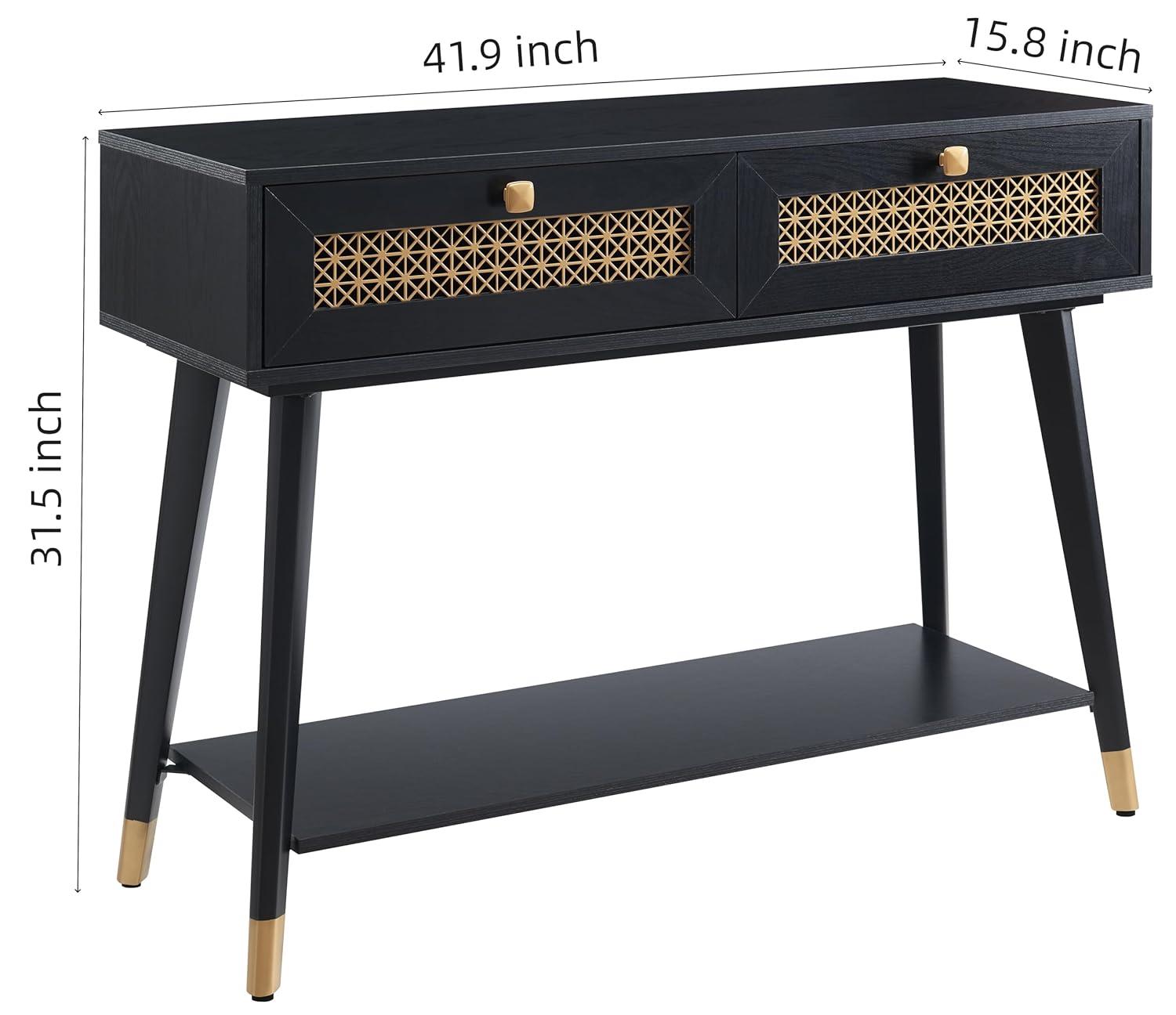 JYED Mid Century Modern Console Table with Gold Accent - 66" Entryway Table with Drawers, Faceted Taper Legs & Ventilated Storage for Hallway (Black)