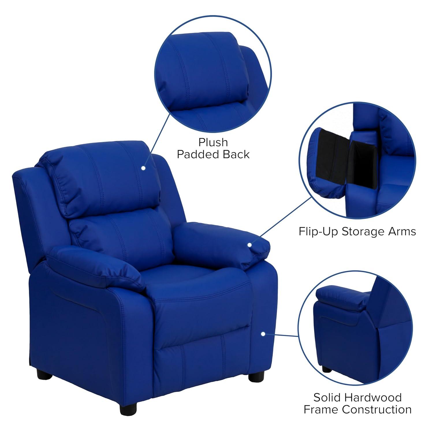 Flash Furniture Charlie Deluxe Padded Contemporary Blue Vinyl Kids Recliner with Storage Arms