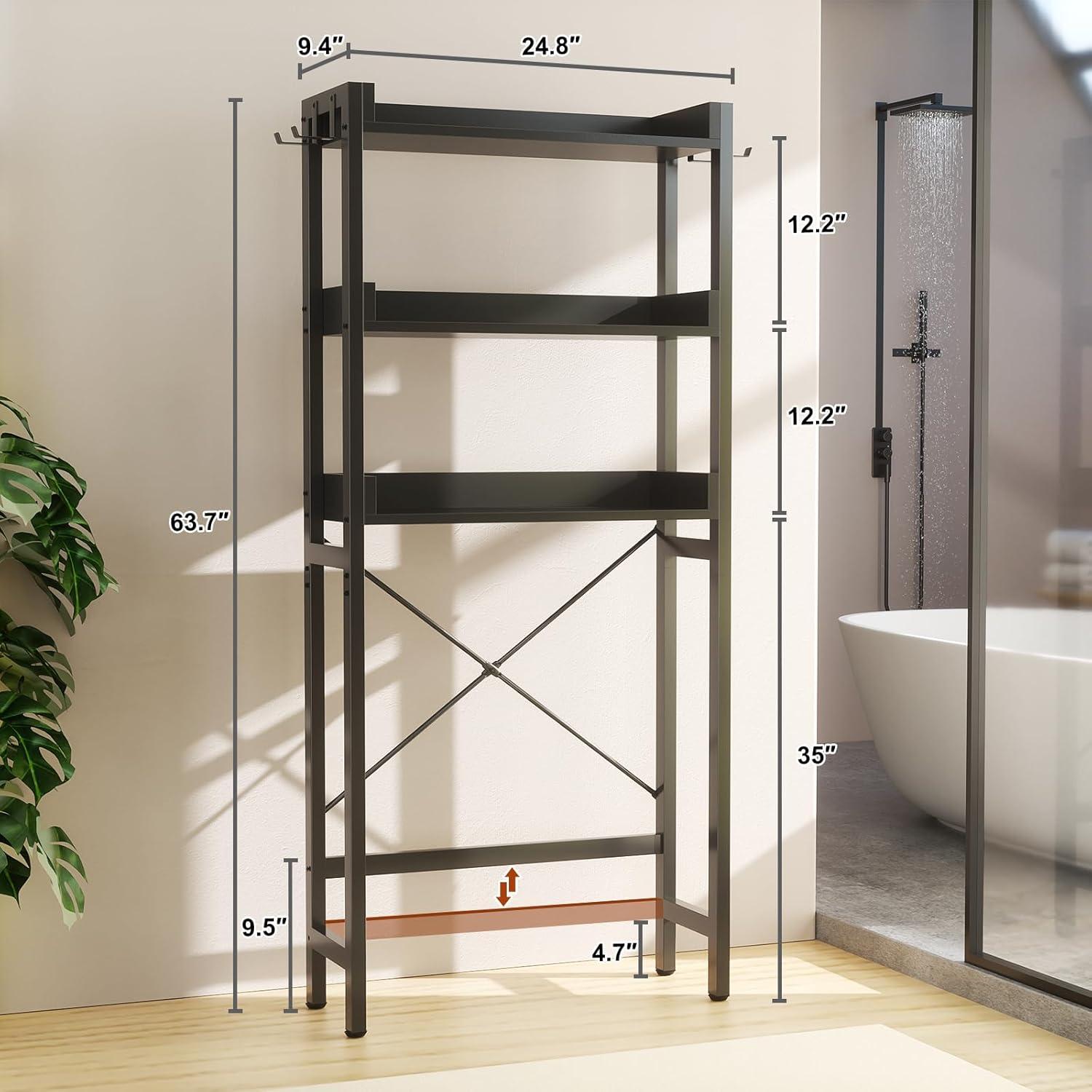 3-Tier Over The Toilet Storage, Space Saver Metal Bathroom Shelves, Freestanding Above Over Toilet Storage Shelf With 4 Hooks For Bathroom, Black