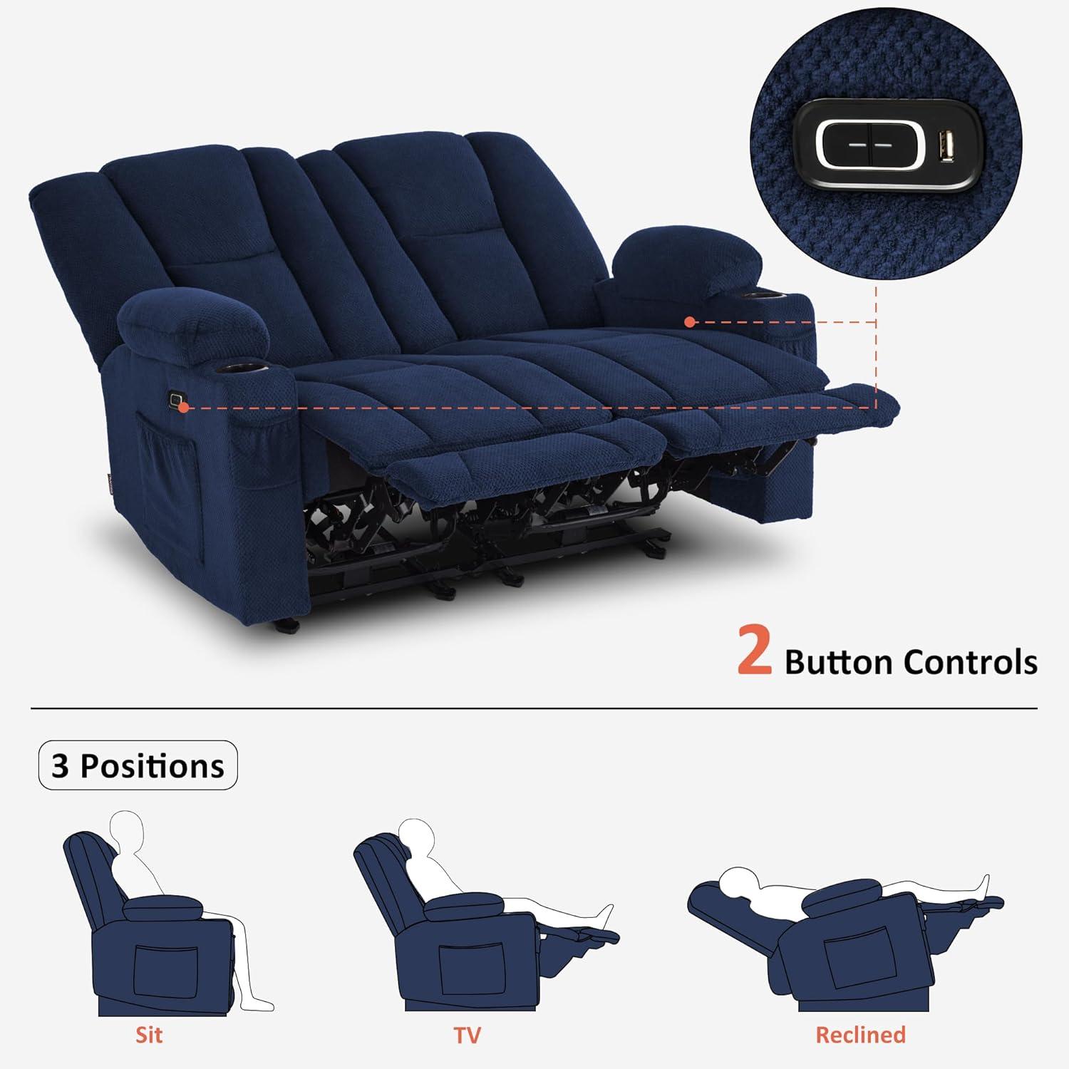 MCombo Power Loveseat Recliner w/ Massage USB Port for Living Room Navy Blue Fabric 6025