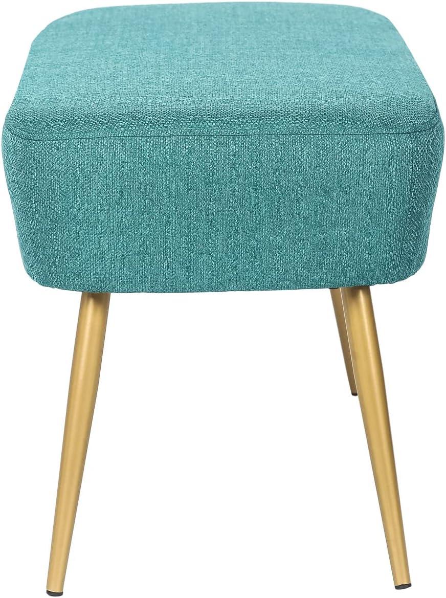 Adeco Upholstered Line PeacockGgreen Ottoman, 35 inch, End of Bed Footrest Stool with Golden Metal Legs for Bedroom, Living Room Entryway Bench, Peacock Green (KX0167-6)