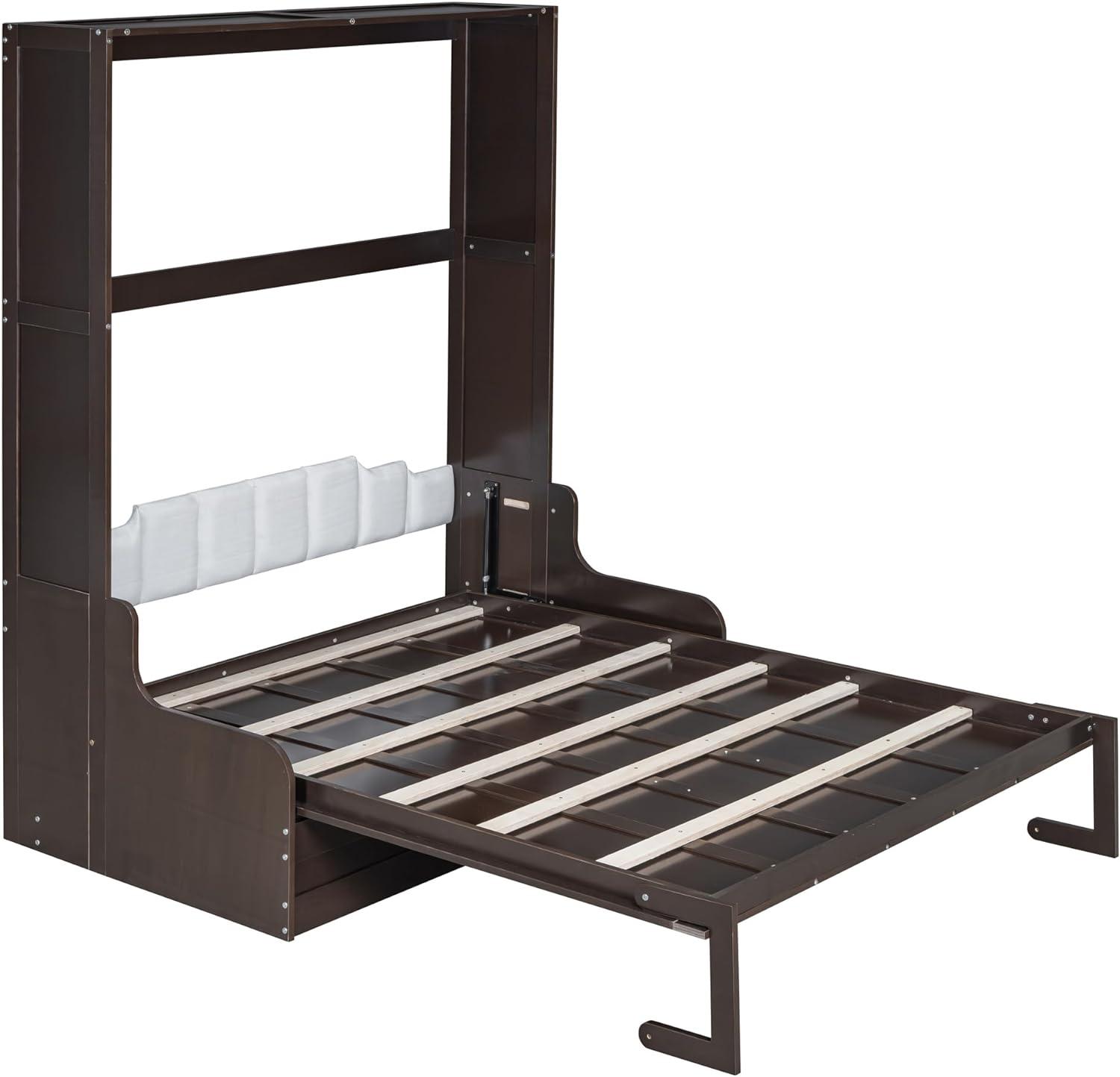 Harper & Bright Designs Queen Size Murphy Bed Chest with Upholstered Headboard, Espresso Wood Wall Bed Cabinet with Cushion Seat, Foldable for Guest Room Home Office
