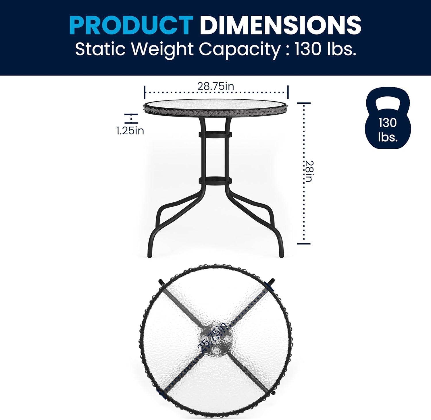 Flash Furniture Lila 28'' Round Glass Metal Table with Gray Rattan Edging and 2 Gray Rattan Stack Chairs