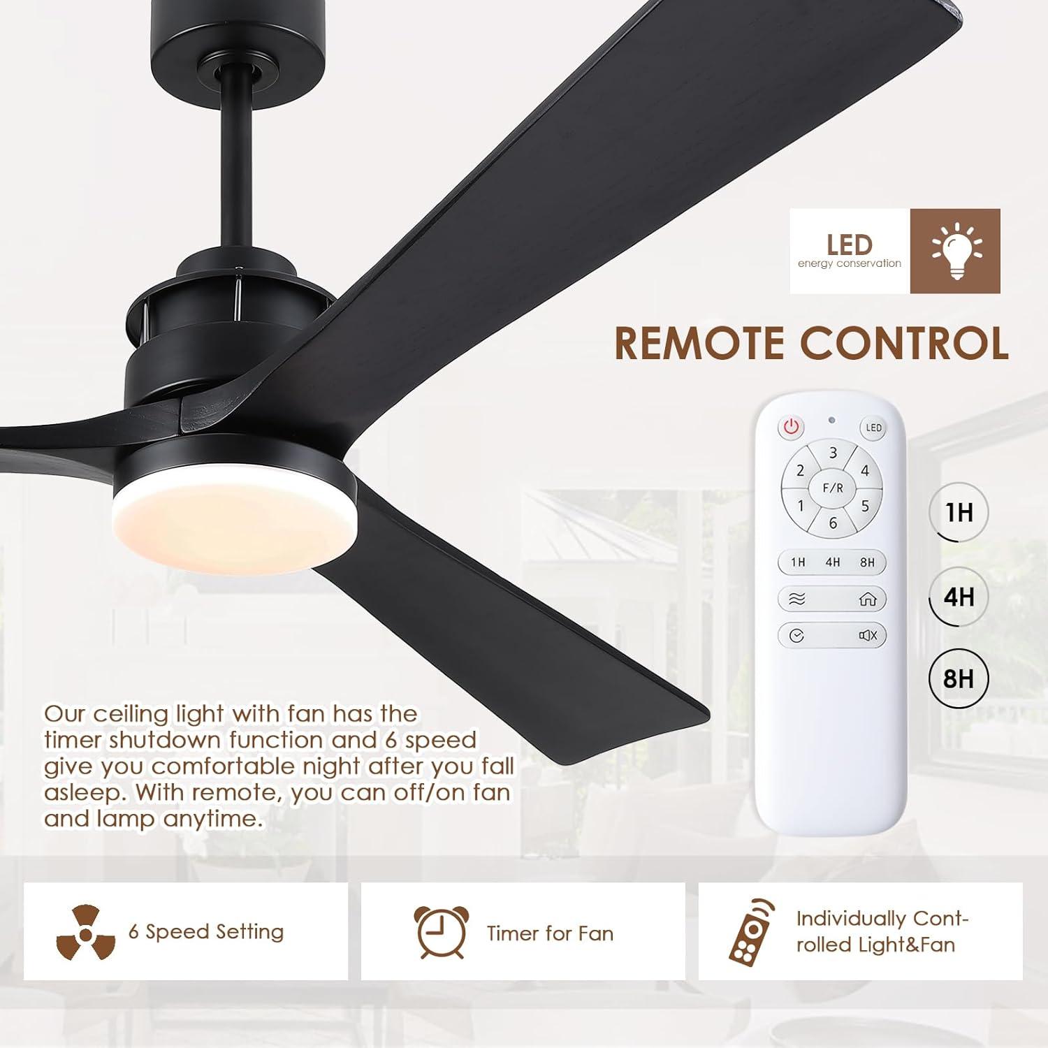 60" Black Modern Ceiling Fan with Wooden Blades and LED Light