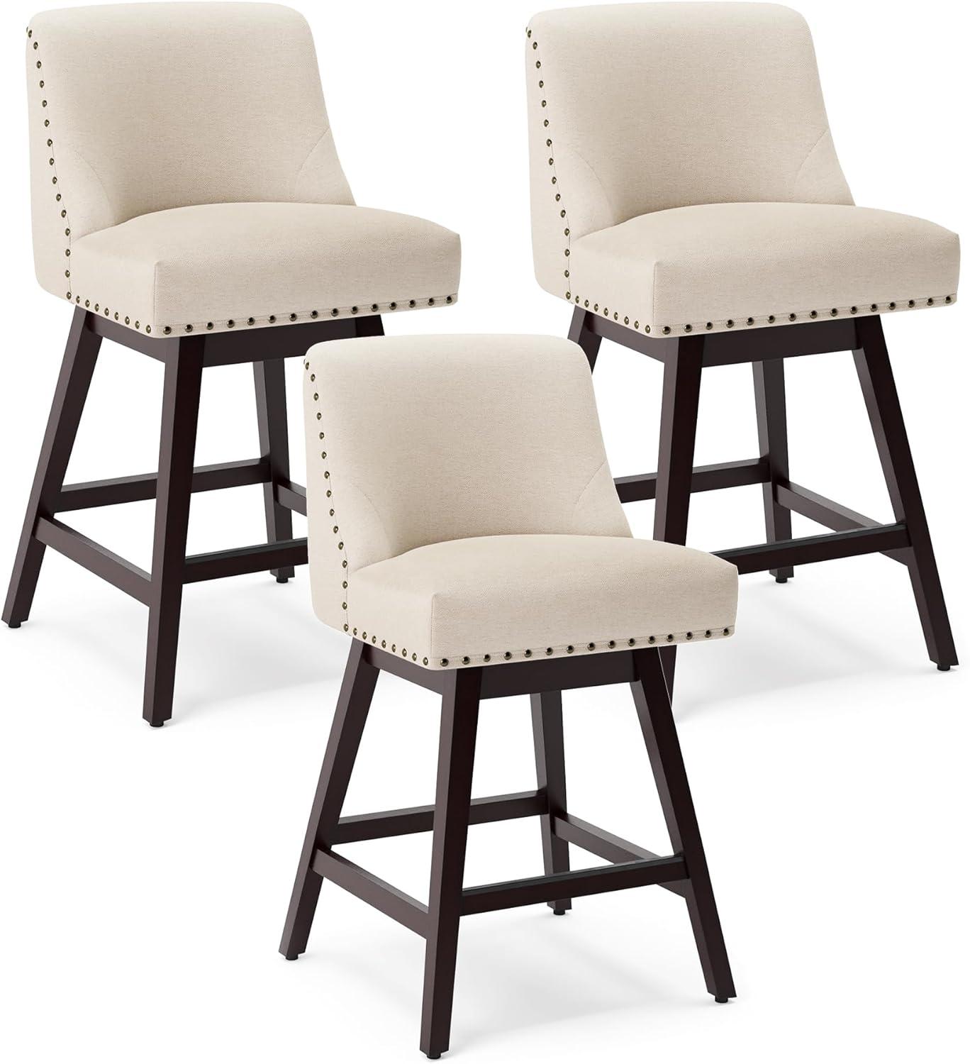 Off-White Linen Upholstered Swivel Counter Stools with Wood Legs, Set of 3