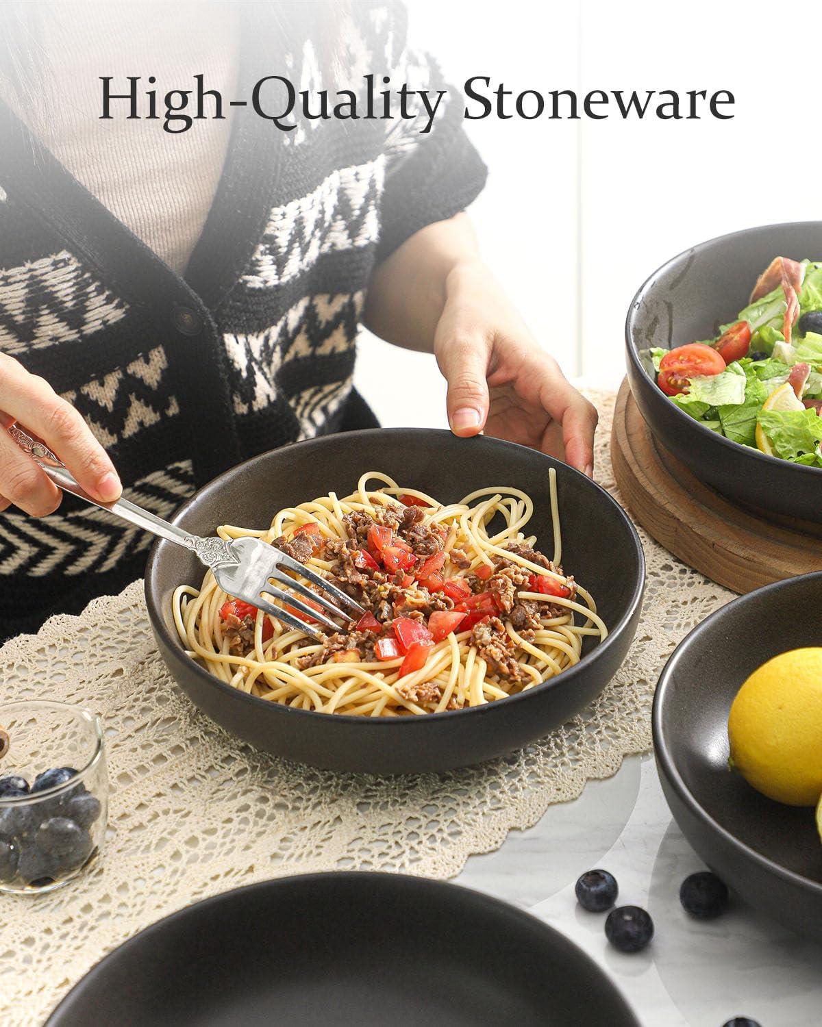 Matte Black Ceramic 34 oz Microwave Safe Pasta Bowls Set