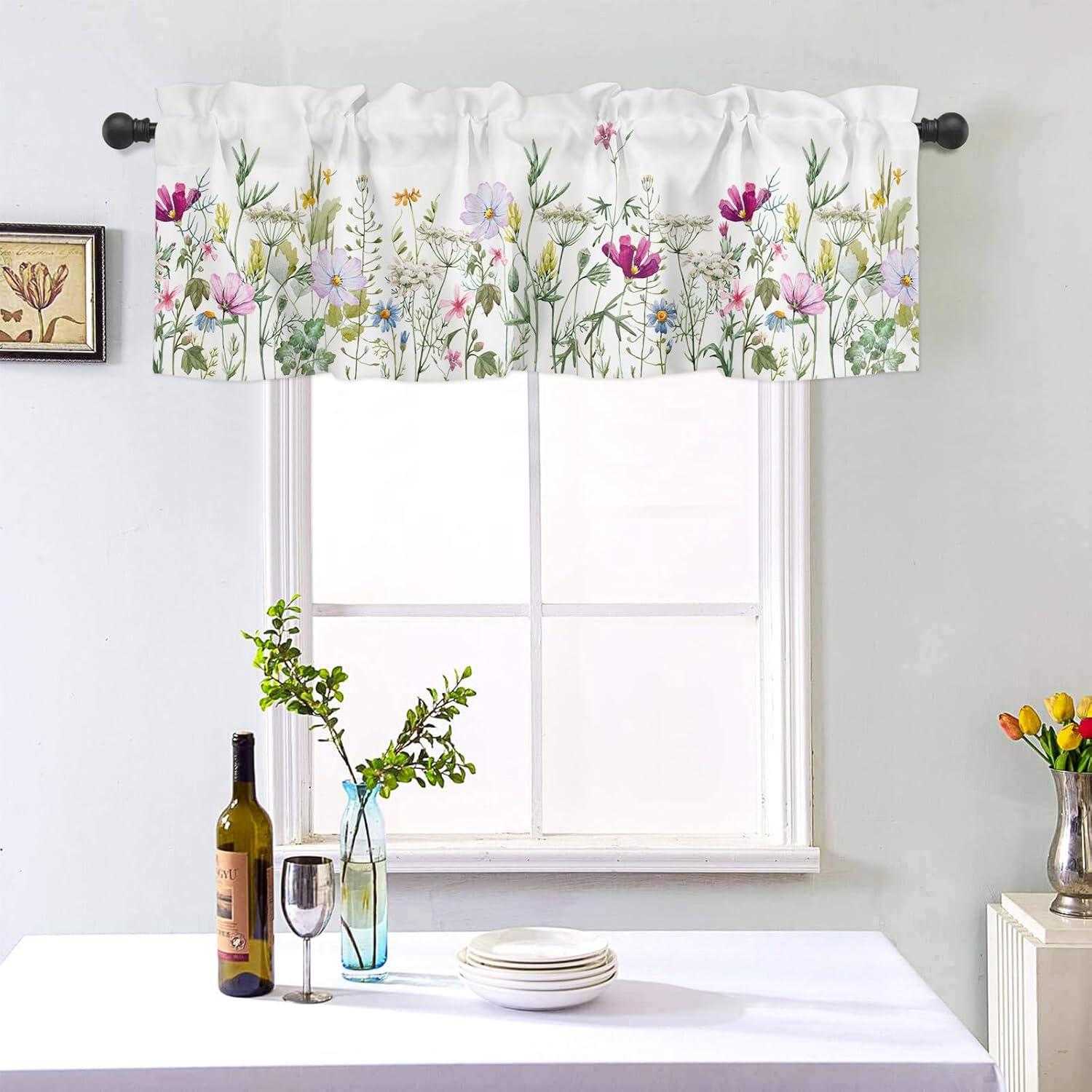 Spring Watercolor Floral Print Valance with Rod Pocket, 54" x 18"