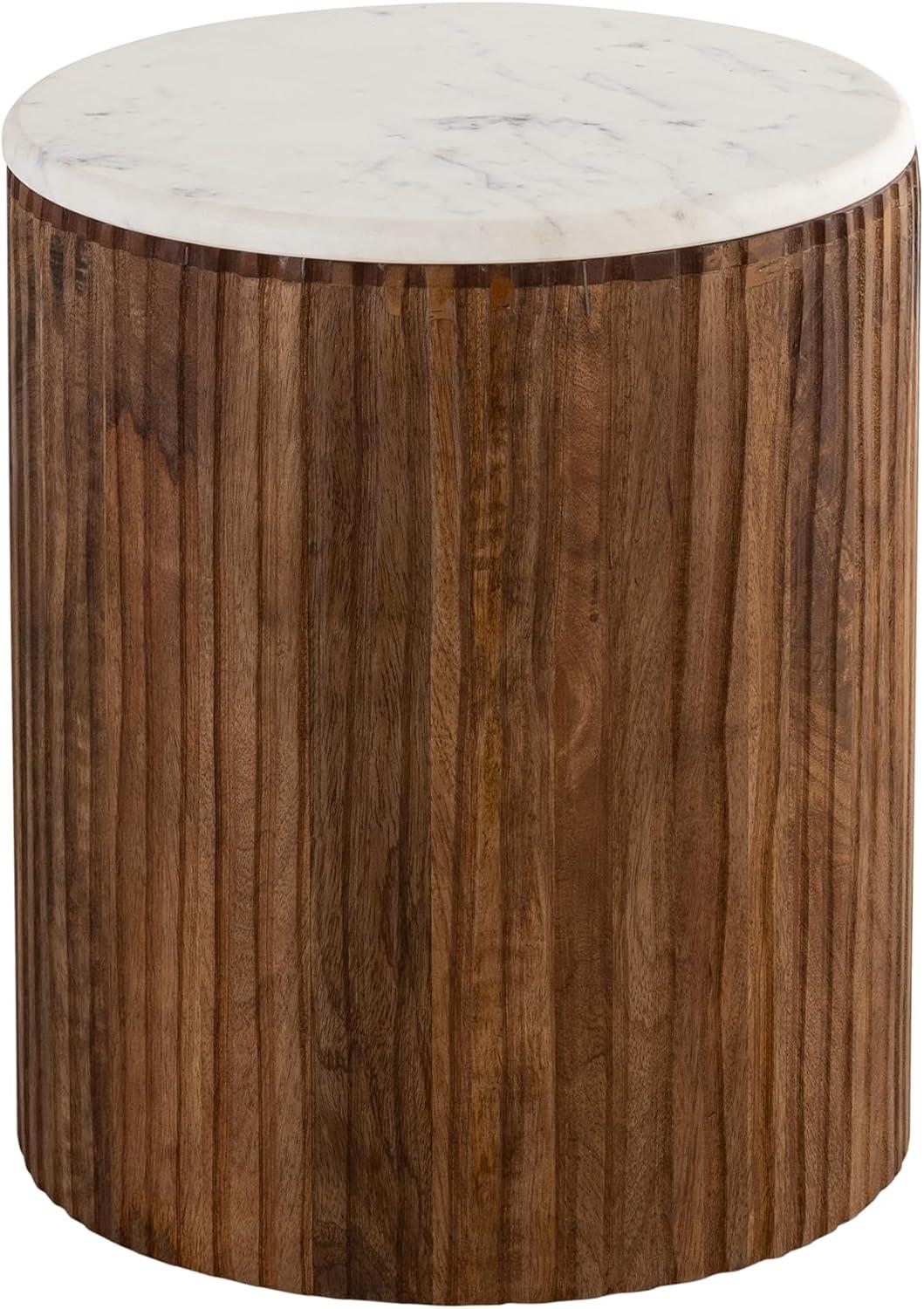 Round Marble Top Solid Mango Wood Decorative Cylindrical Base Side/End Table,Contemprary Accent Side/End Table,Fully Assembled, for The Living Room and Bedroom Gray