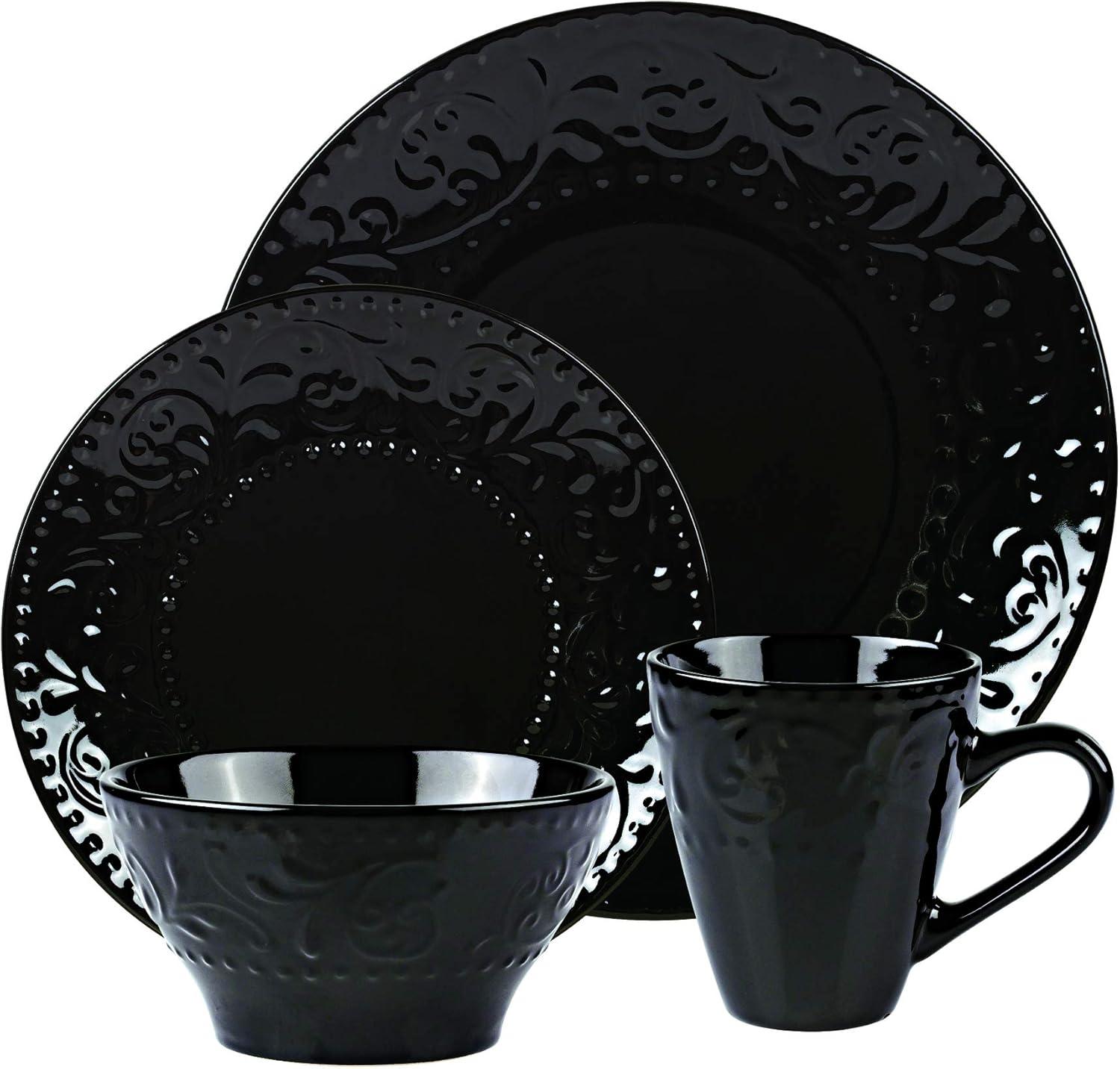 Black Embossed Ceramic 16-Piece Dinnerware Set