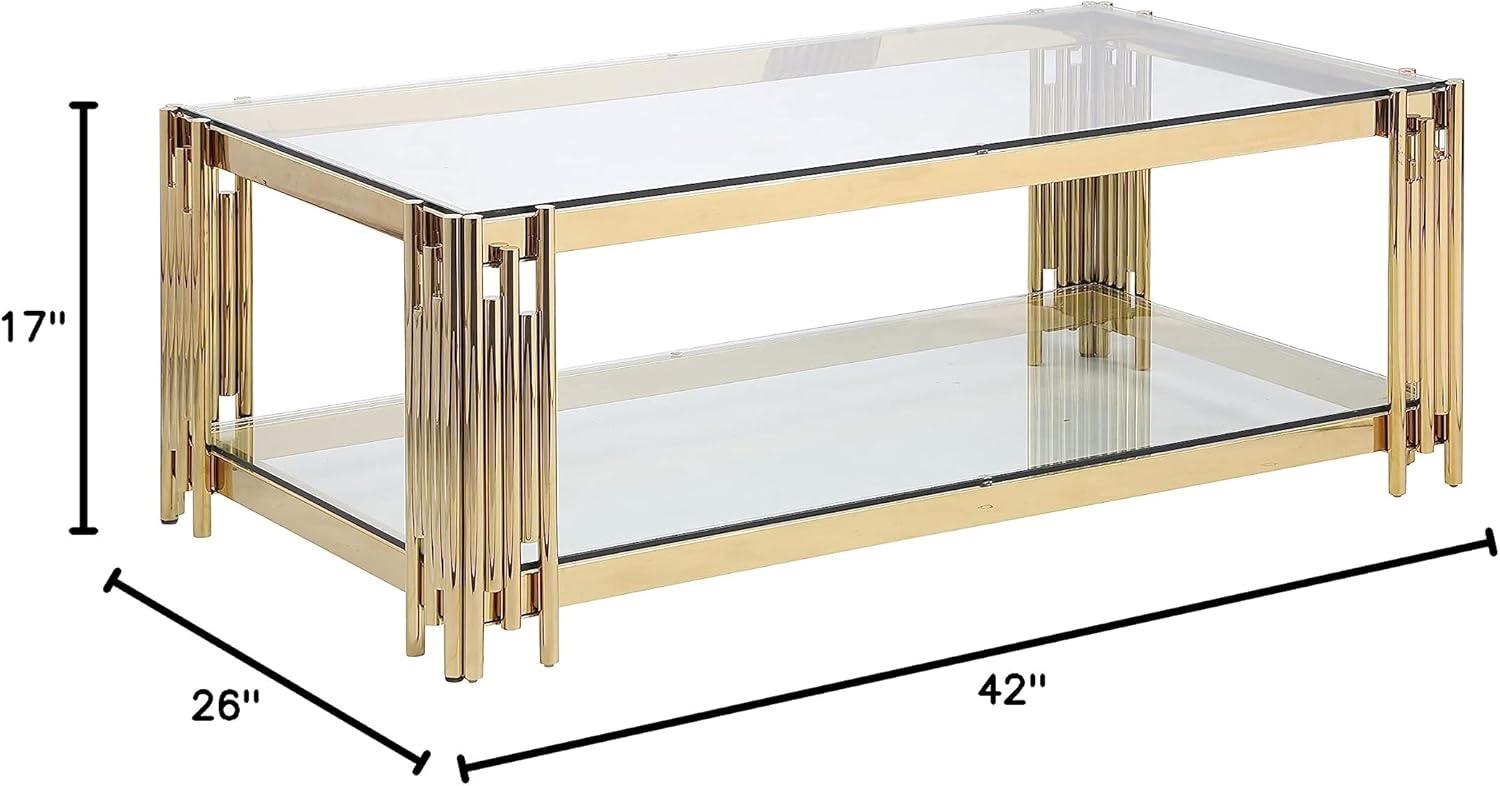 Luxurious Golden Stainless Steel Double-Layer Rectangular Coffee Table with Glass Top  Wide 48” Modern Worker Furniture for Elegant Living Room Decor