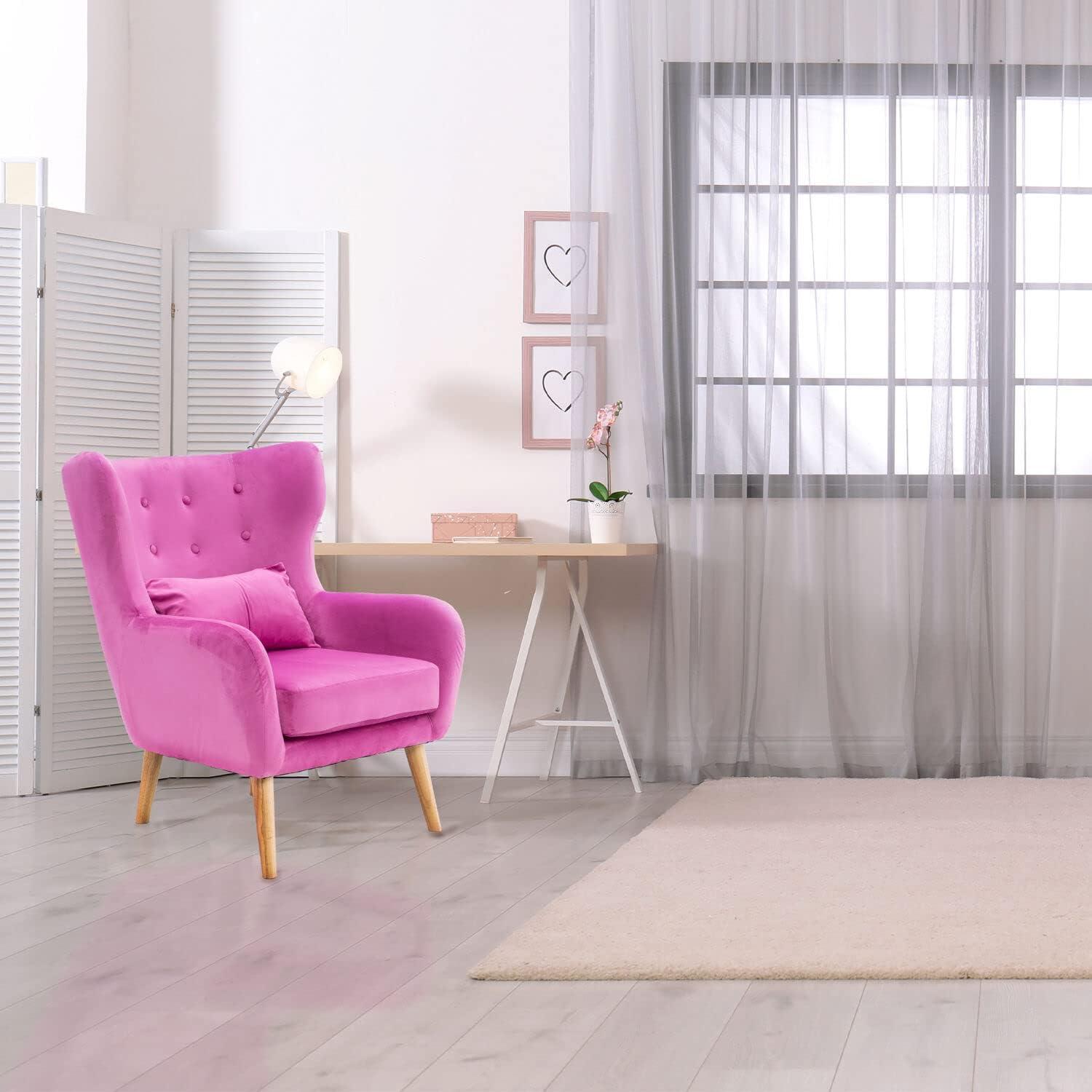 Pink Velvet Wingback Accent Chair with Wooden Legs