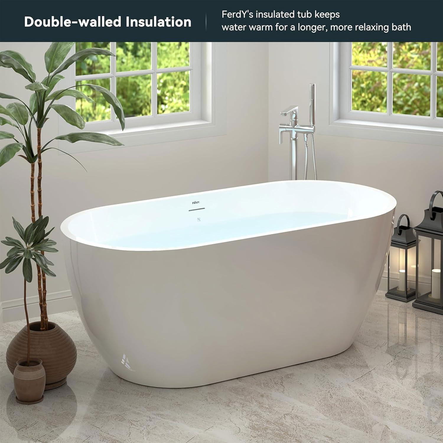 FerdY Bali Freestanding Soaking Acrylic Bathtub with Brushed Nickel Drain FerdY-02538-1500-BN
