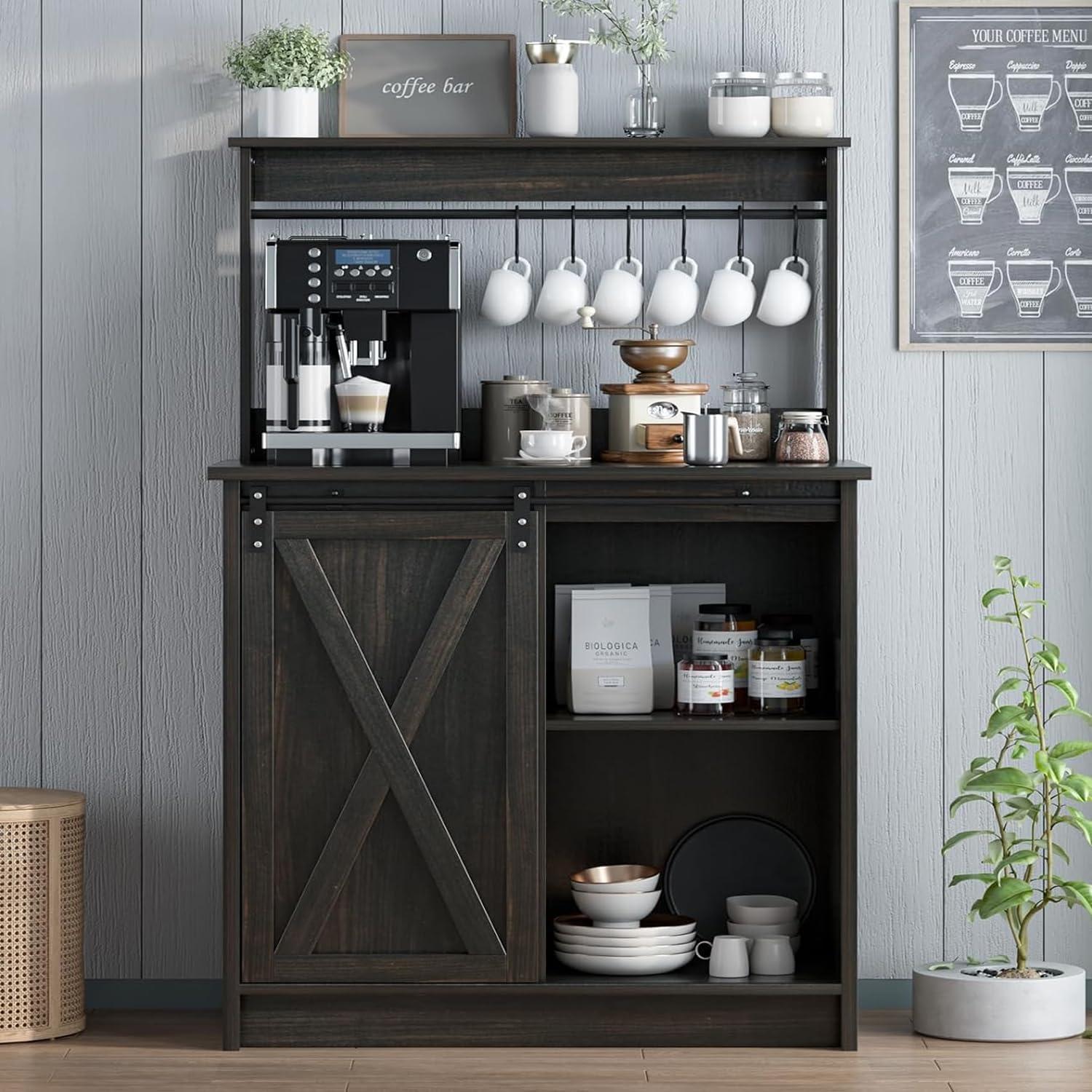 Dark Oak Farmhouse Coffee Bar Cabinet with Hutch and Sliding Barn Door