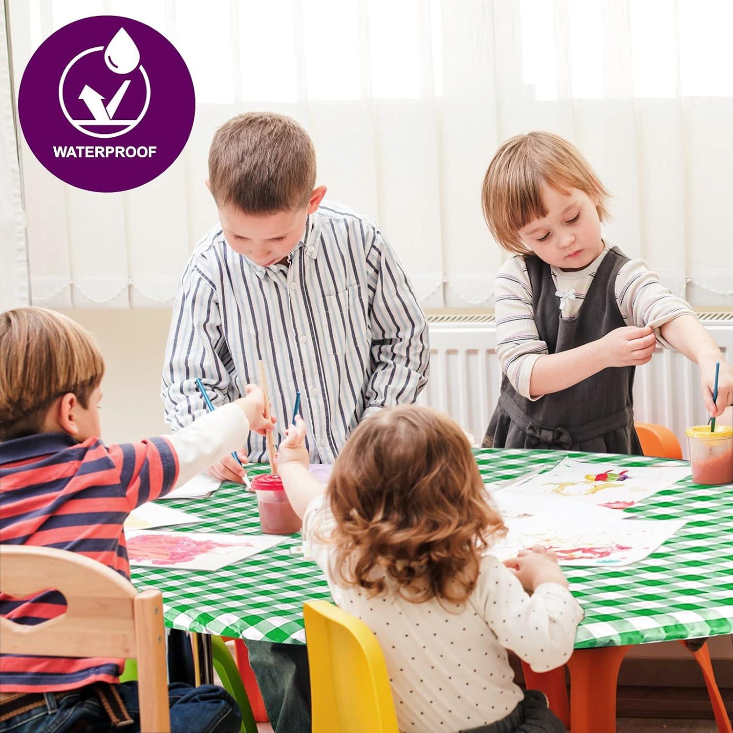 Round Tablecloth -Fitted with Elastic, Vinyl with Flannel Back, 30” Round Green Checked Design,- By Sorfey