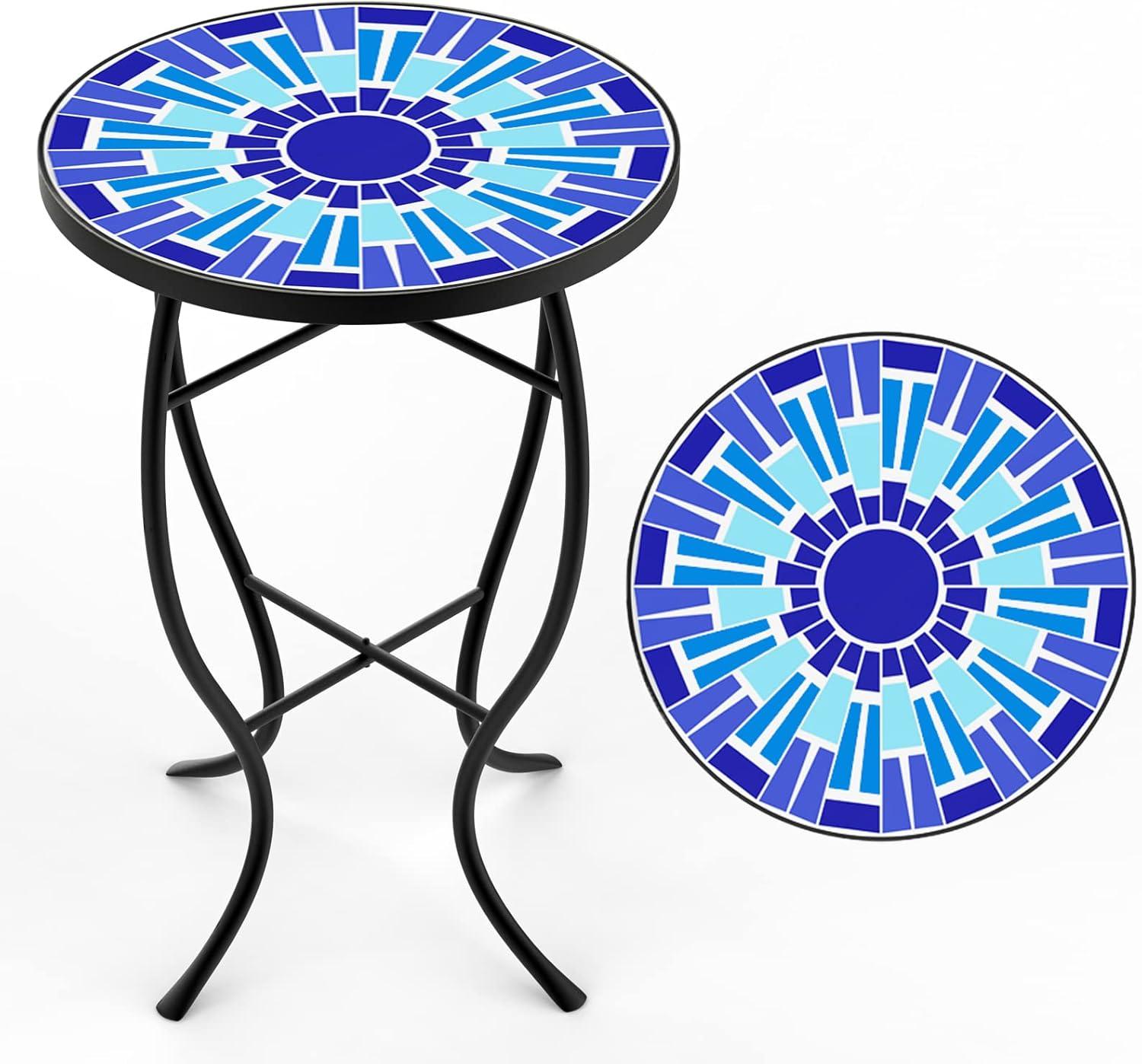 Outdoor Patio Side Table Round Ceramic Tile End Table Blue