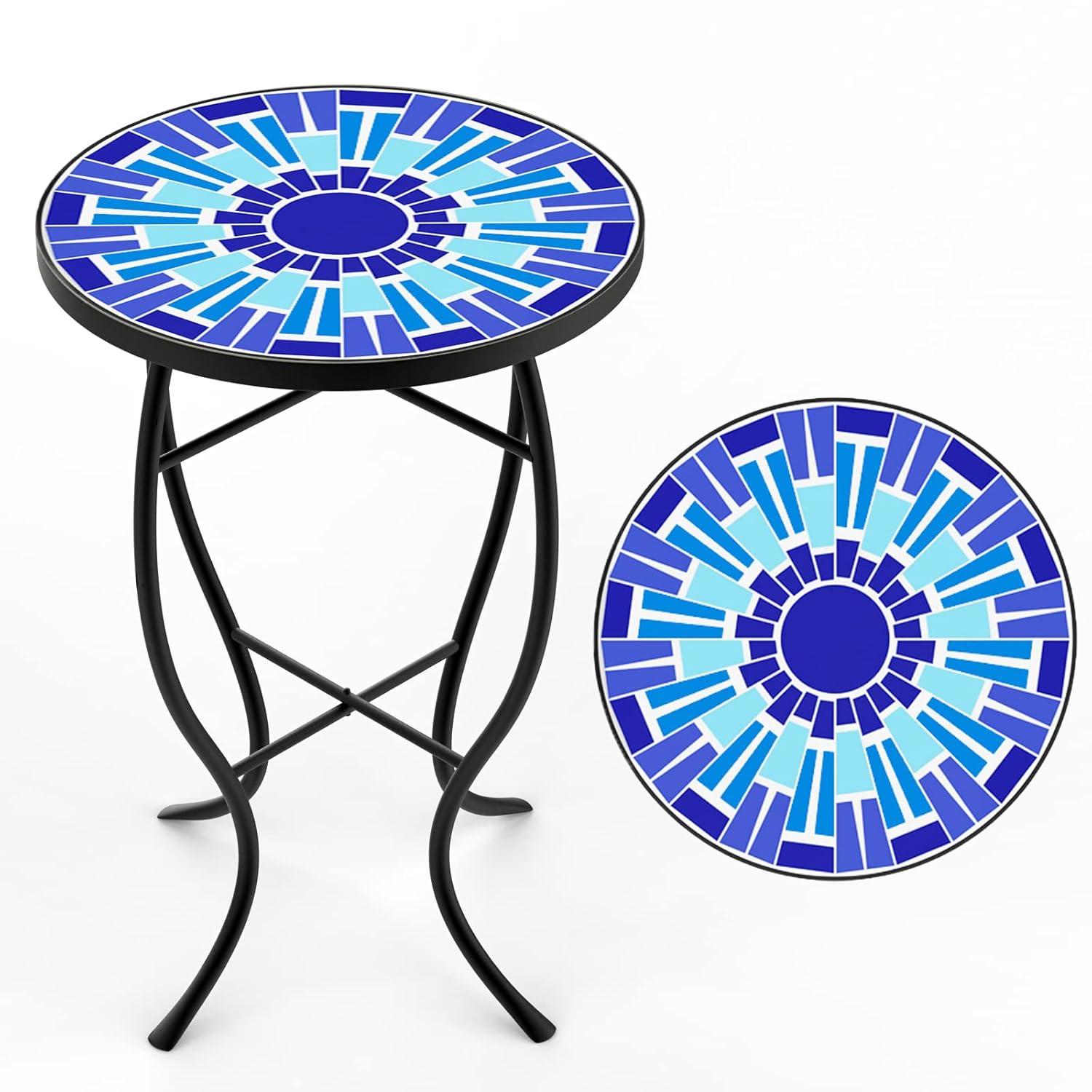 Outdoor Patio Side Table Round Ceramic Tile End Table Blue