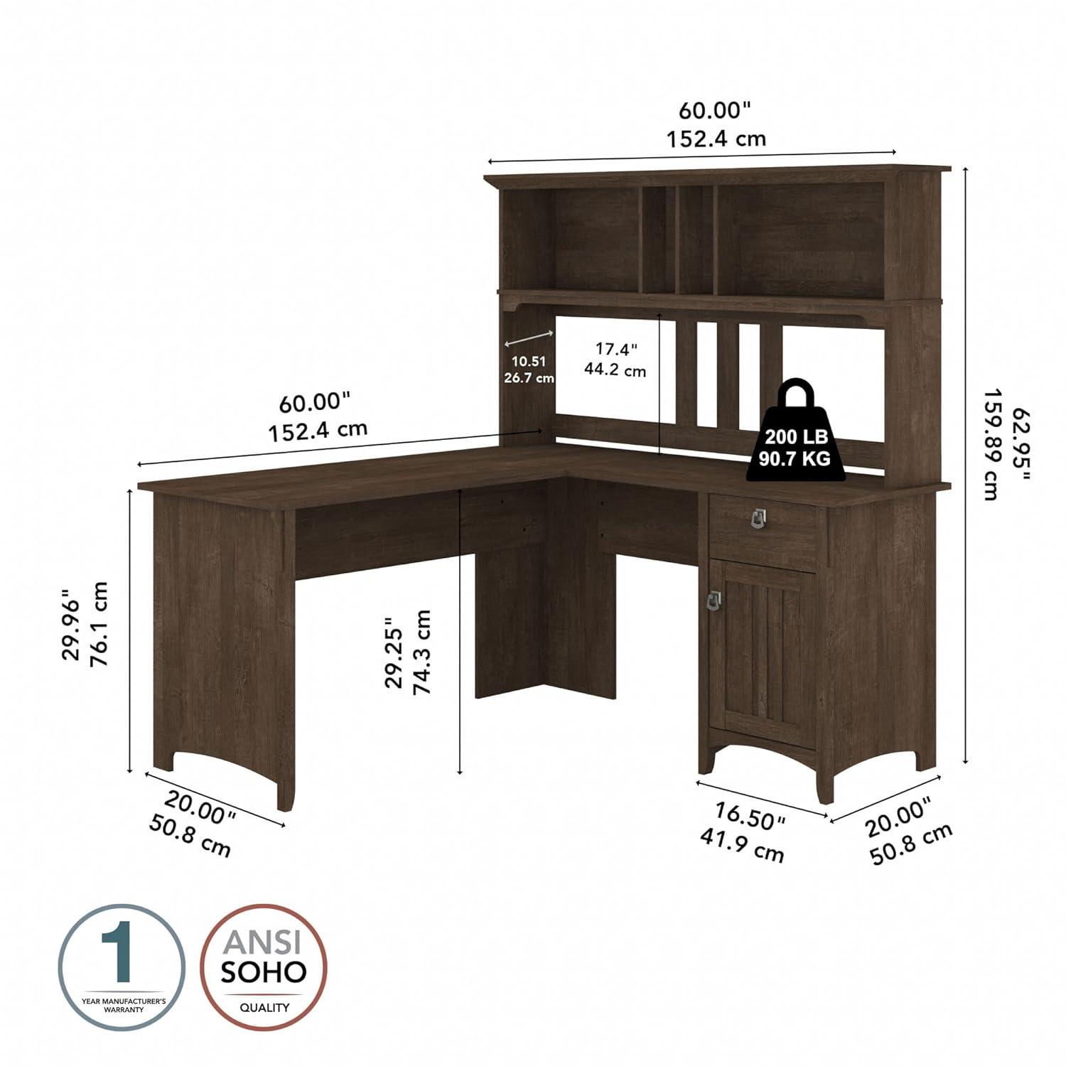 Bush Furniture Salinas Farmhouse 60 in L Shape Desk with Hutch, Box Drawer and Storage Cabinet in Ash Brown (Ships in 2 boxes)