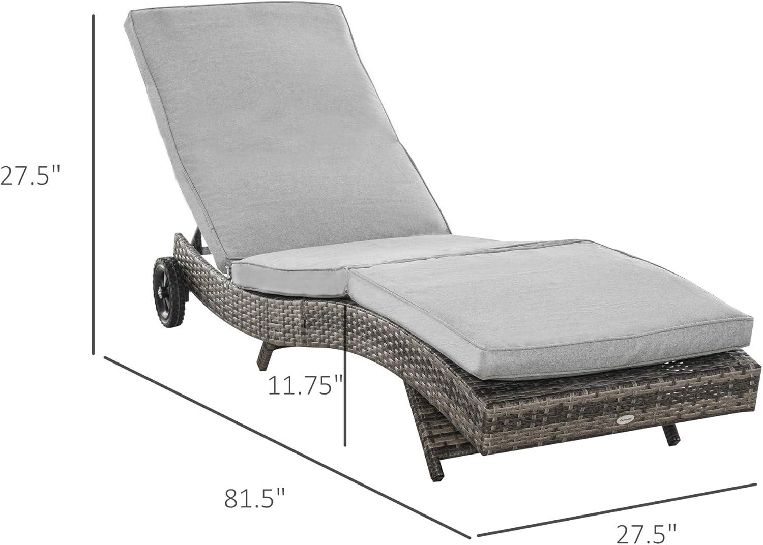 Outsunny Patio Wicker Chaise Lounge Chair, Outdoor PE Rattan Sun lounger w/ 5-Level Adjustable Backrest & 2 Wheels for Easy Movement, Mixed Gray