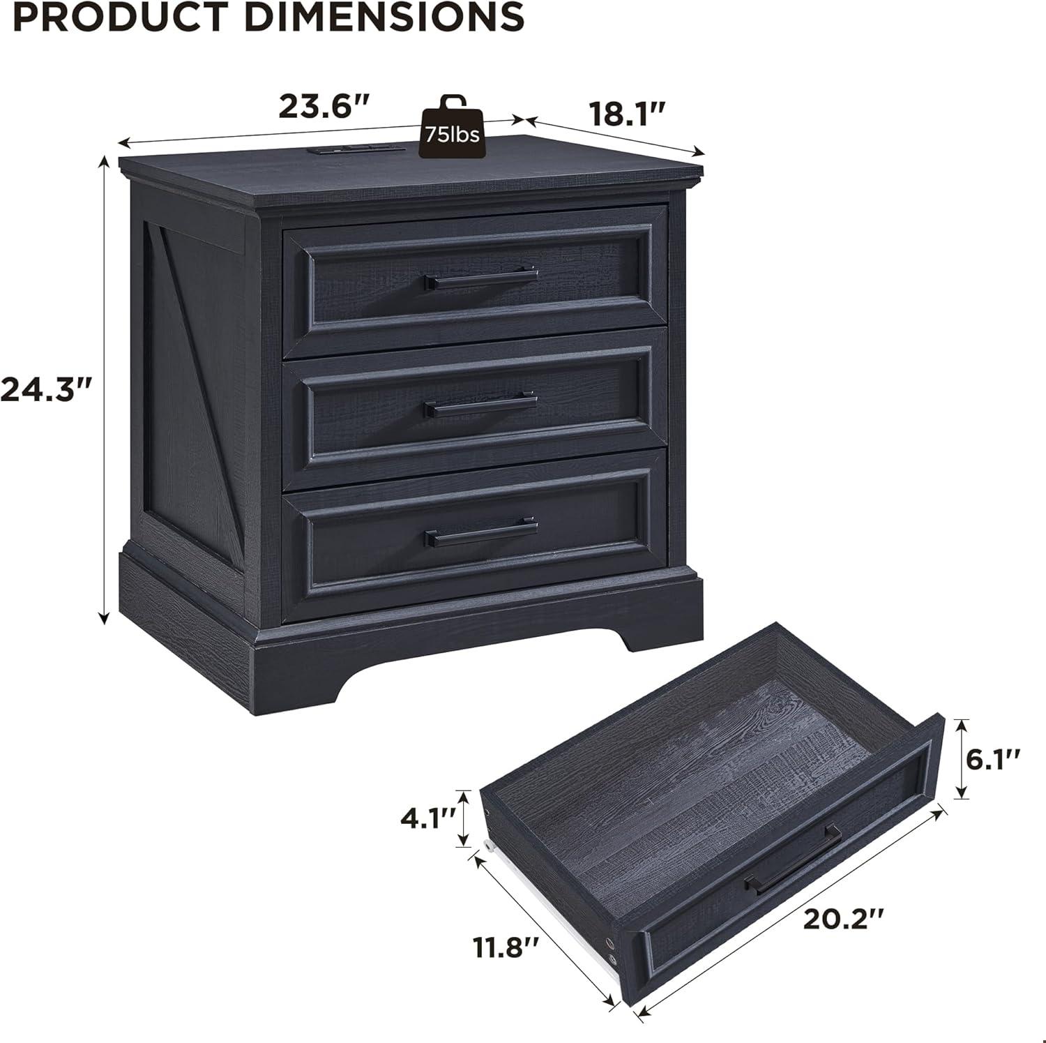 SinCiDo 24" Wide Farmhouse Nightstand with Charging Station & 3 Drawers & Handles, End Table for Bedroom, Living Room, Black