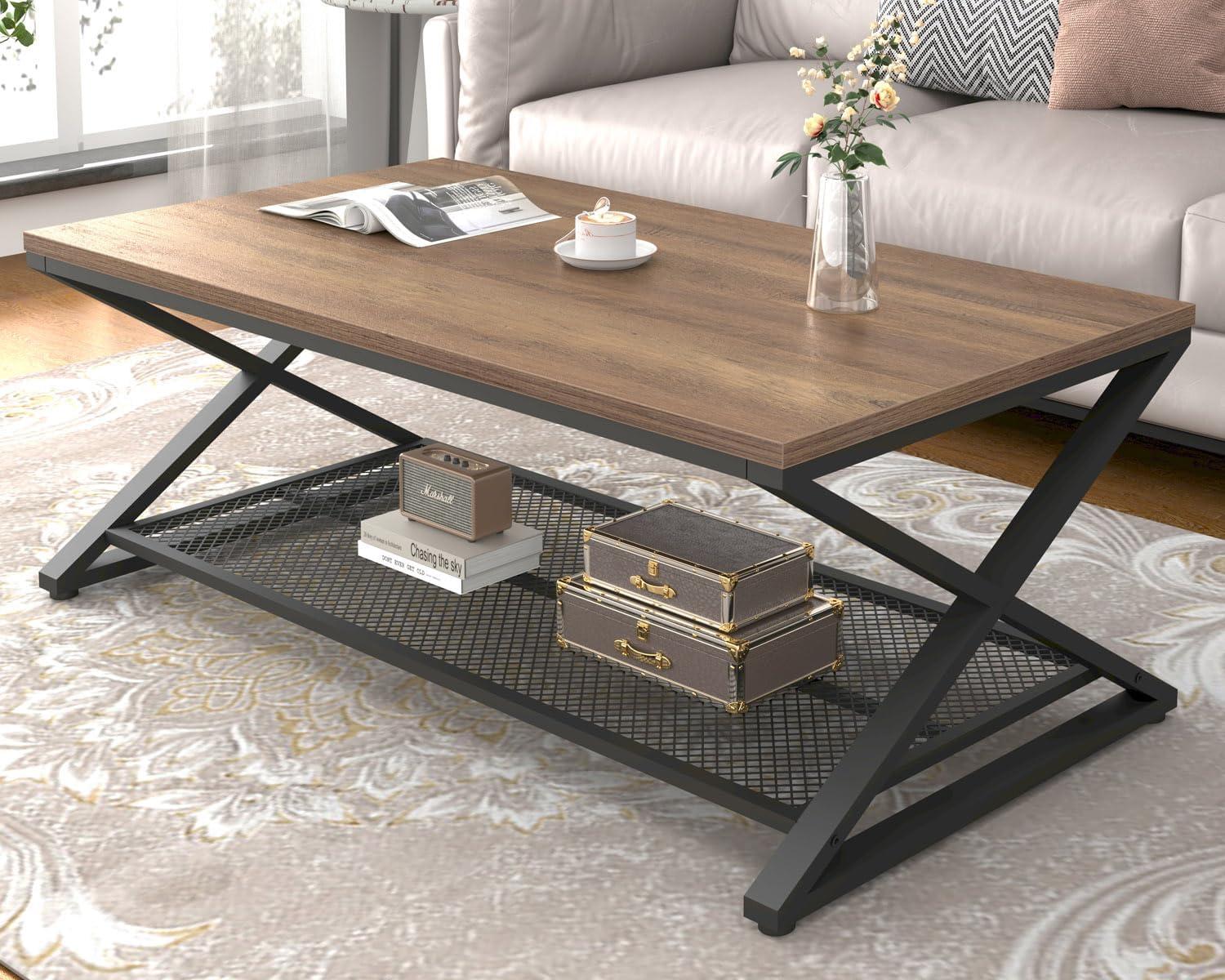 47 Inch Table with Storage Shelf, 2 Tier Rectangle Center Table Minimalist Home Tea Coffee Table