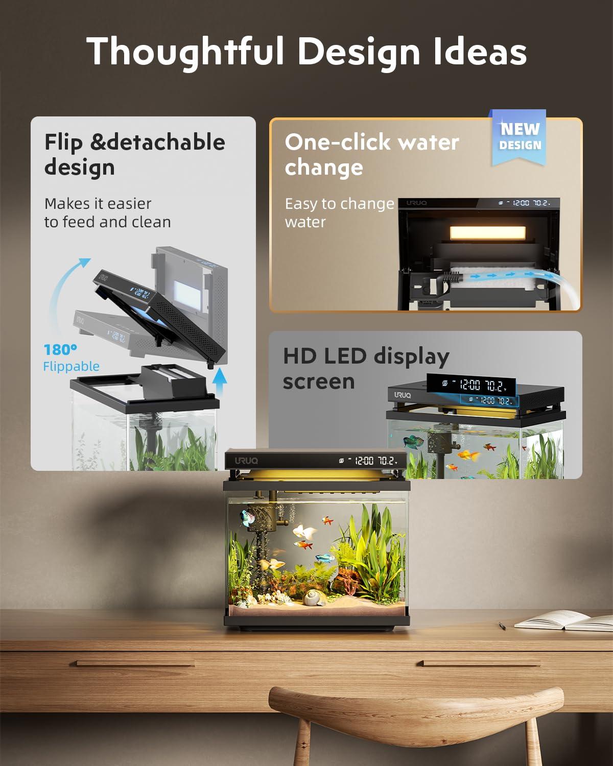 Latitude Run® Fish Tank Smart Aquarium Kit: 2 Gallon UHD Glass Silent Water Pump Self Cleaning Multi Layer Filtration System - Temperature Sensing 7-Color Lighting For Small Fish Betta Kids Room Desktop Decor