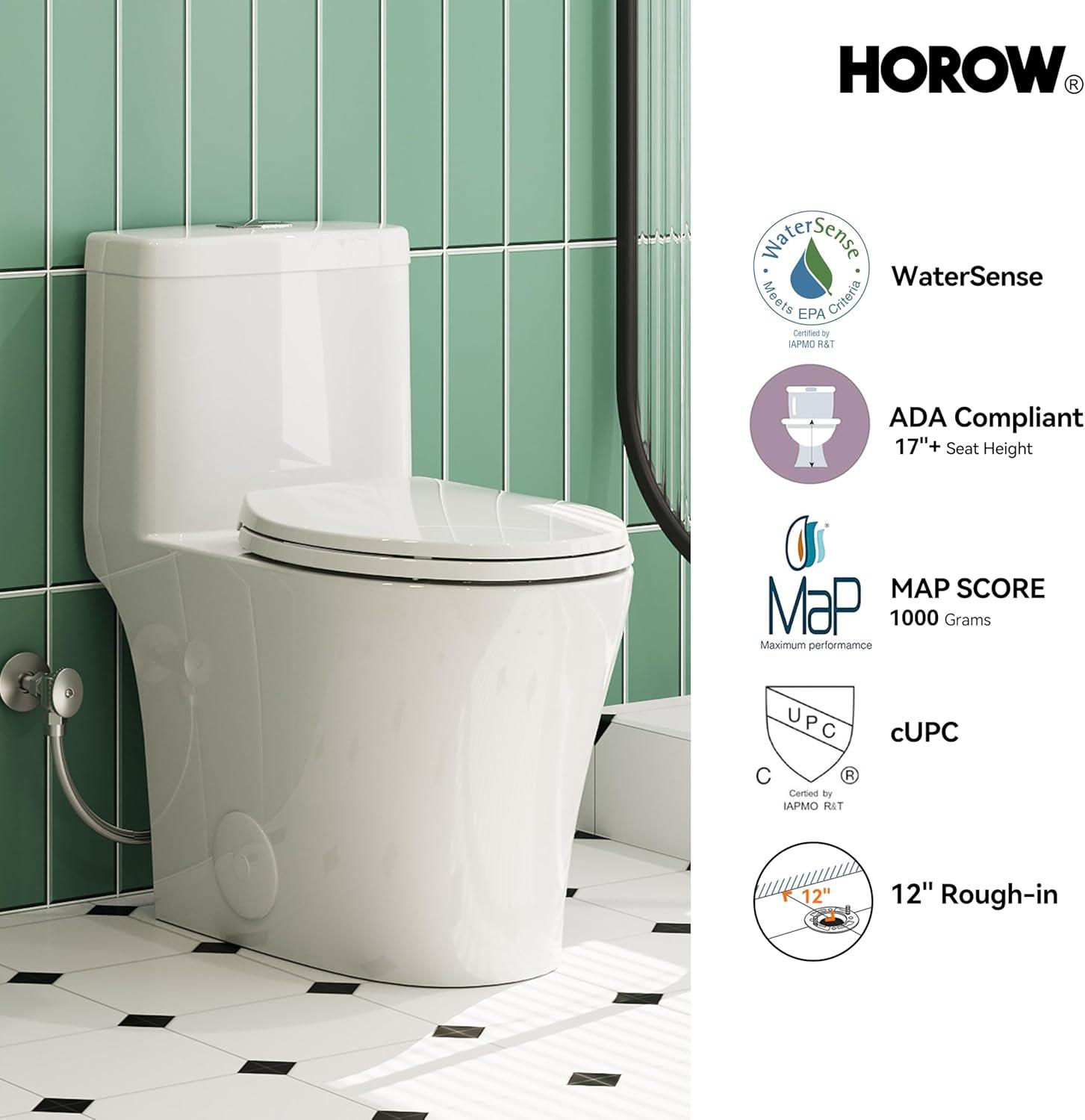 Elongated One-Piece Toilet, 17" ADA Comfortable Chair Seat Height, 0.8/1.26 GPF Dual Flush Toilet with Square Button, MAP 1000g, White Toilet Bowl