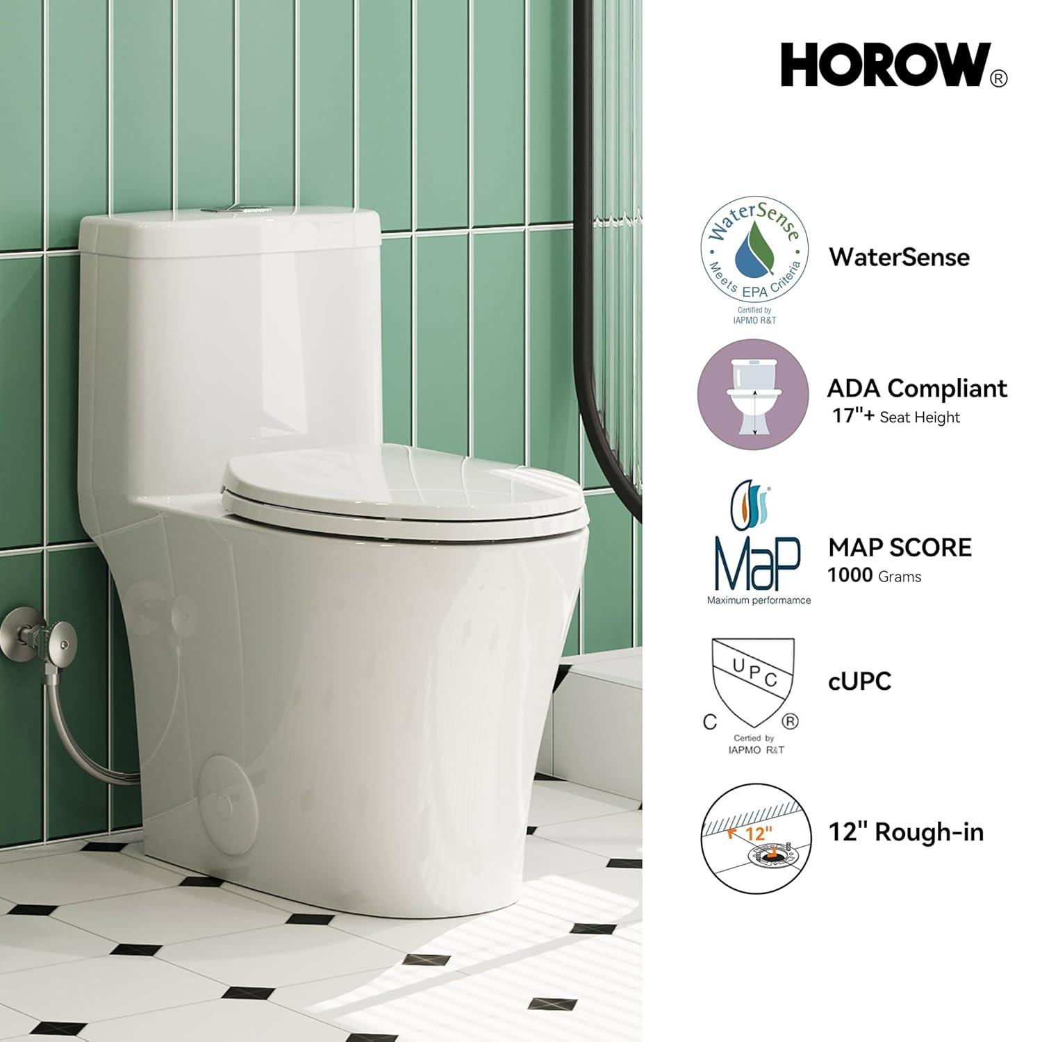 Elongated One-Piece Toilet, 17" ADA Comfortable Chair Seat Height, 0.8/1.26 GPF Dual Flush Toilet with Square Button, MAP 1000g, White Toilet Bowl