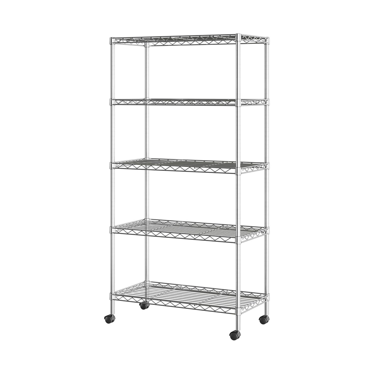 Seville Classics 5-Tier Steel Wire Shelving with Wheels, 30" W x 14" D x 60" H, Chrome Plated