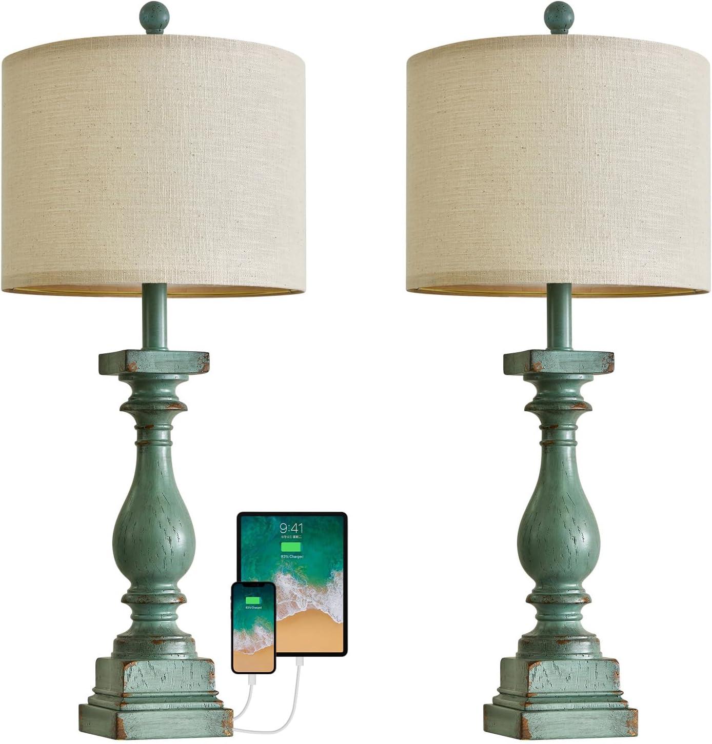 Farmhouse Table Lamps for Bedroom Set of 2 Rustic Bedside Lamps for Nightstand with USB A+C Ports Side Table Lamps for Living Room End Table Office Pull Chain Green