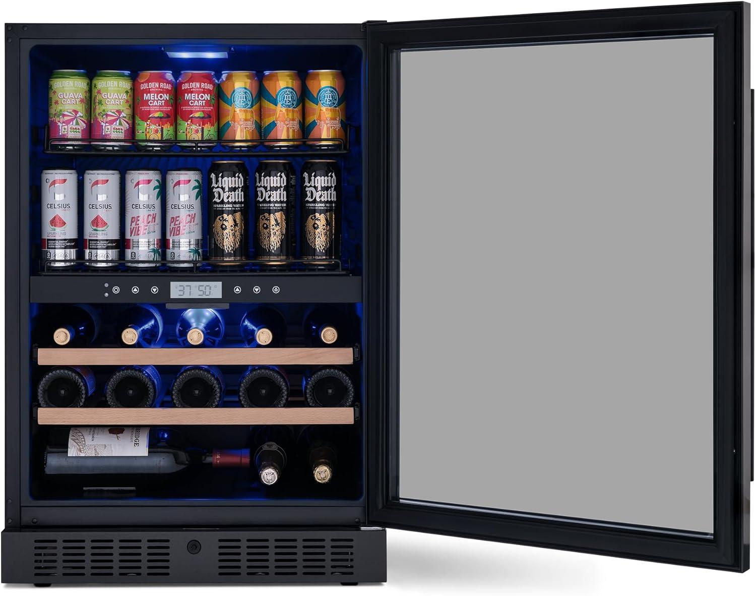 Newair 24" Built-in Dual Zone Wine and Beverage Refrigerator 24 Bottles & 100 Cans, Black Stainless Steel, Drinks and Wine Combination Fridge