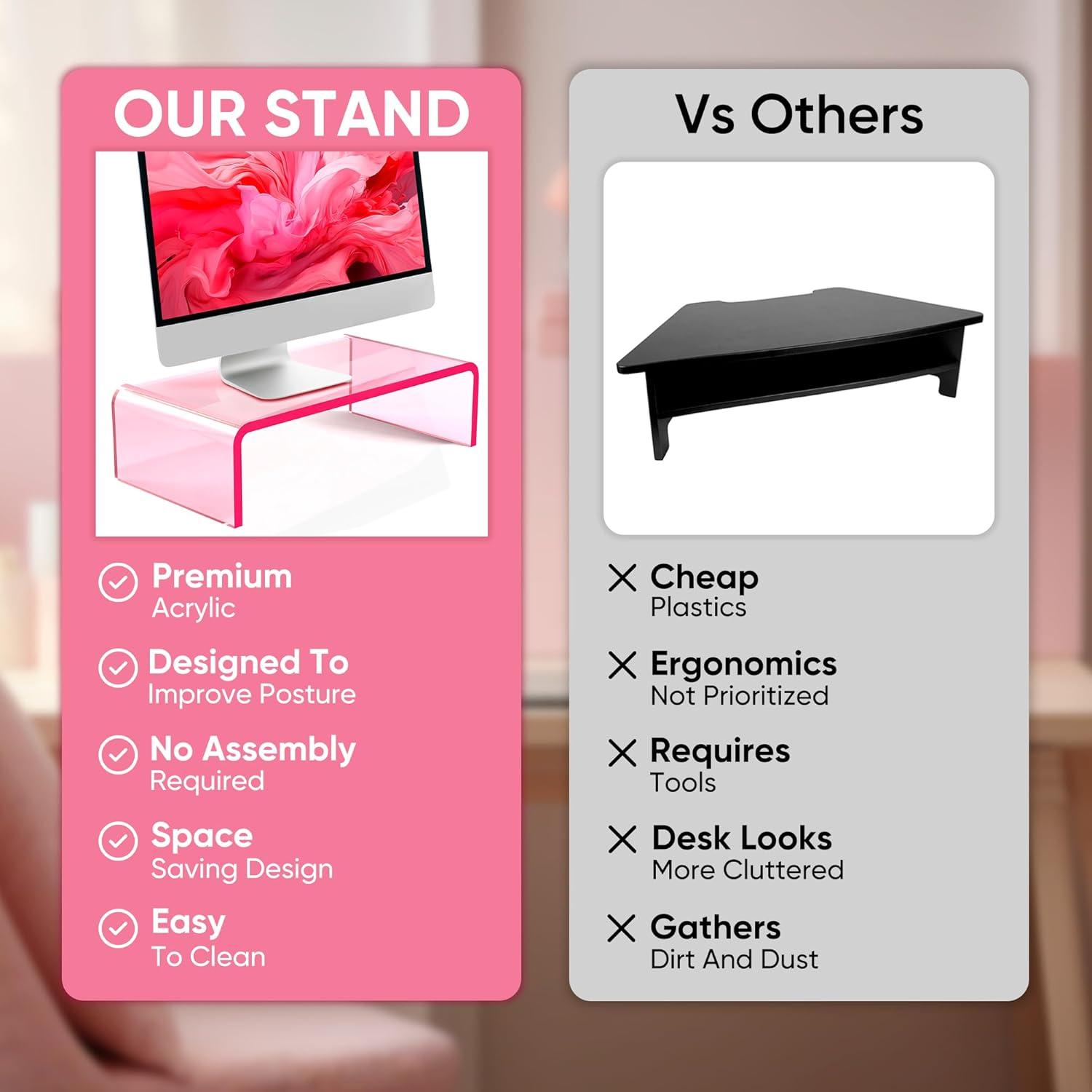 NovaMode Acrylic Monitor Stand - Ergonomic Desk Riser for Better Posture, Stylish & Modern Desktop Organizer, Computer Desk Stand for Monitors & Laptop - Perfect for Valentine's Day - Light Pink