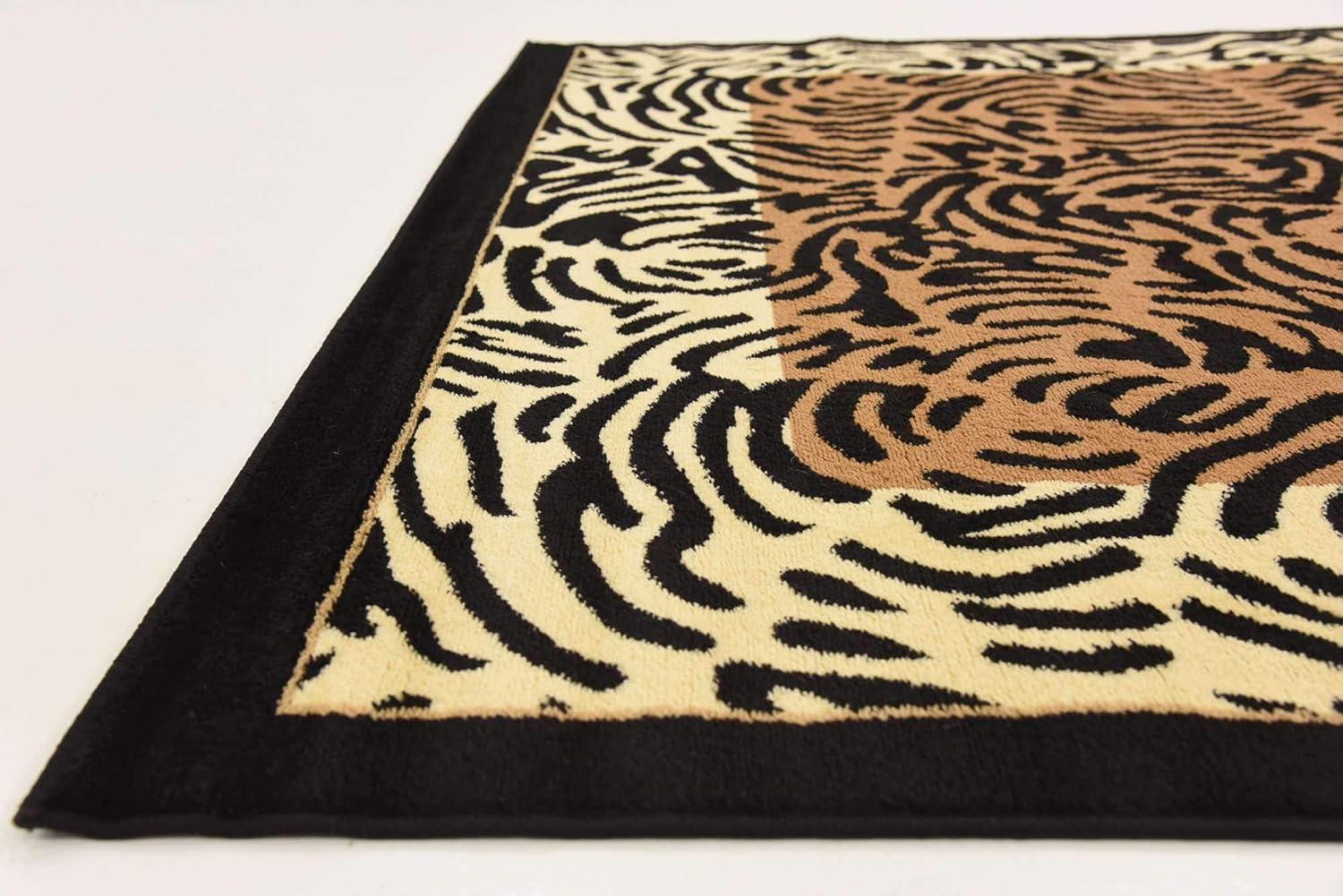 6' Square Light Brown and Black Animal Print Rug