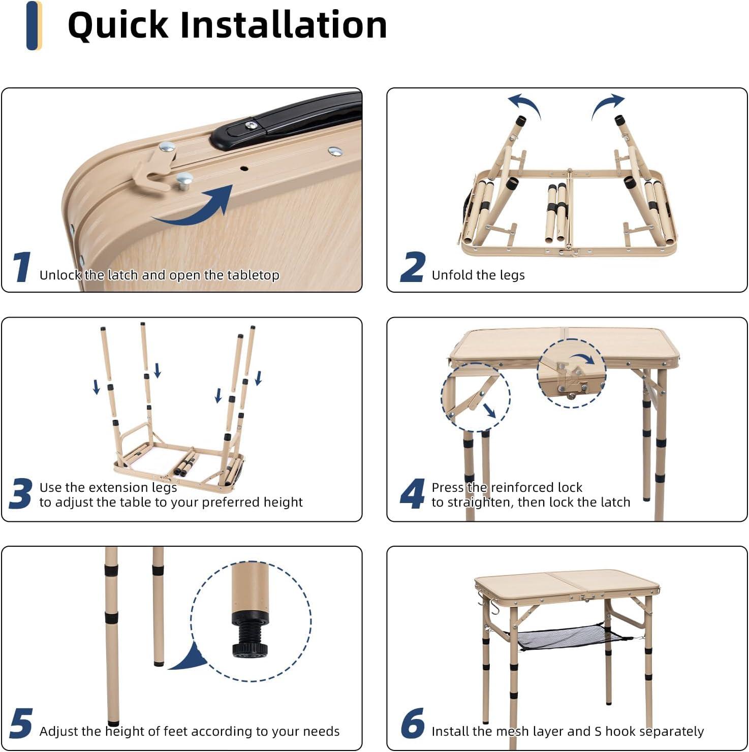 Small Folding Table 2FT Camping Table 3 Adjustable Height Lightweight Portable Aluminum Mini Foldable for Picnic Beach Indoor Outdoor, Yellow