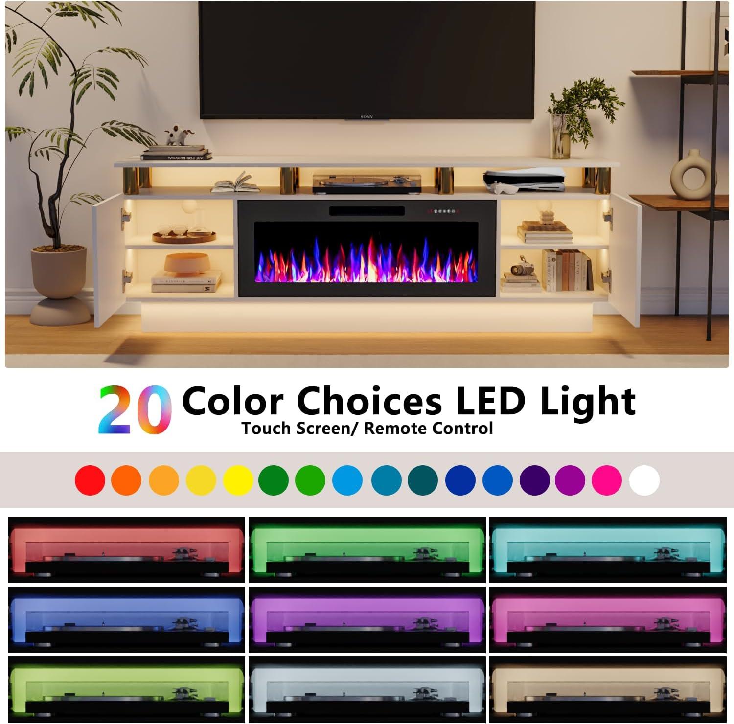 BELLEZE Soporte para Televisor con Chimenea para Televisores de hasta 75", Centro de Entretenimiento con Chimenea Eléctrica de 36", Iluminación Ambiental LED y Almacenamiento, Mesa Consola Multimedia de 69 Pulgadas - Avenue (Blanco)