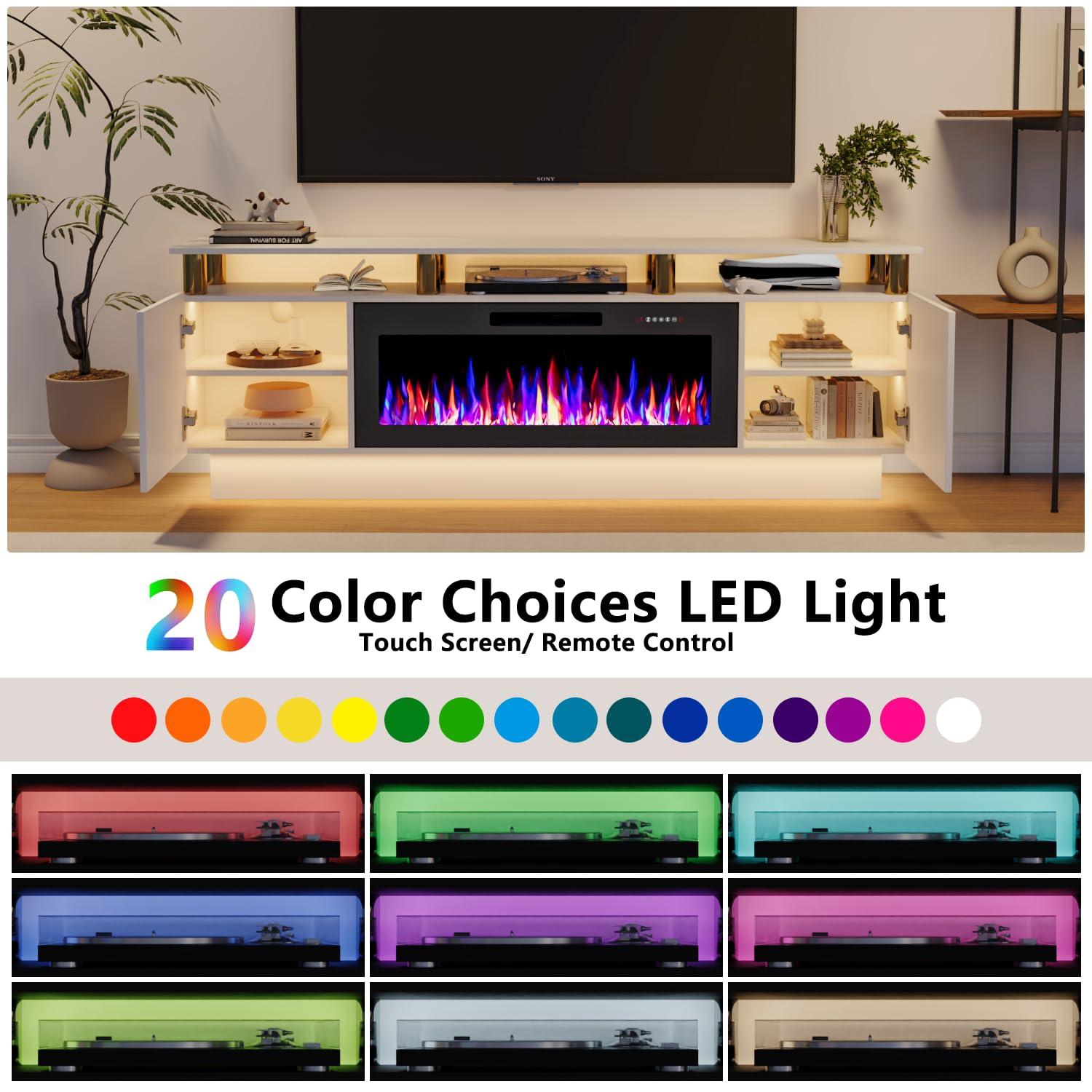 BELLEZE Soporte para Televisor con Chimenea para Televisores de hasta 75", Centro de Entretenimiento con Chimenea Eléctrica de 36", Iluminación Ambiental LED y Almacenamiento, Mesa Consola Multimedia de 69 Pulgadas - Avenue (Blanco)