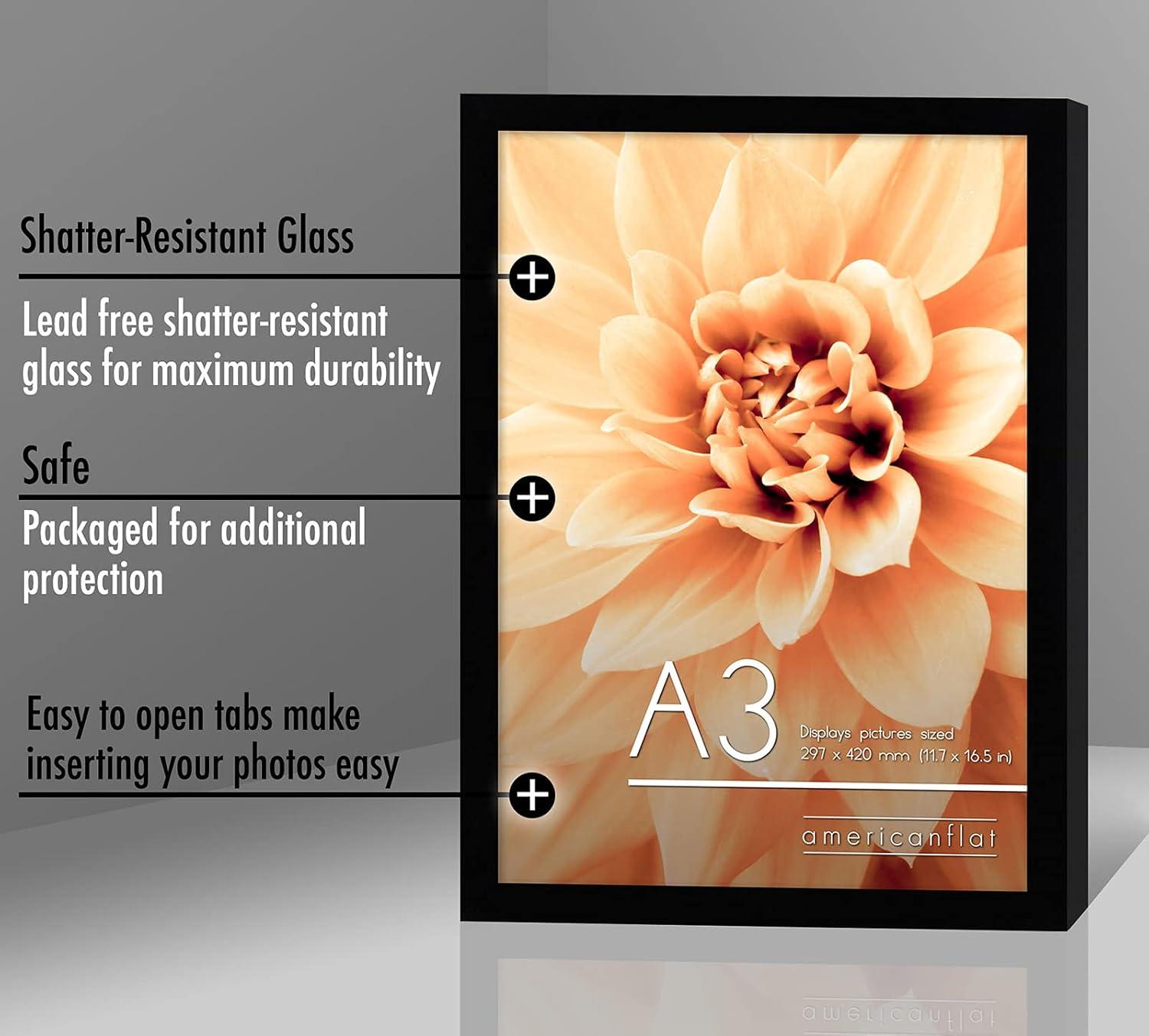 Americanflat A3 Picture Frame with Shatter-Resistant Glass - Set of 2 - 11.7x16.5 Frame with Engineered Wood - Signature Collection - Black