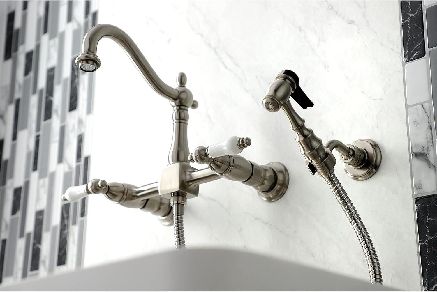 Kingston Brass Heritage Double-Handle 3-Hole Wall-Mount Bridge Kitchen Faucet with Brass Sprayer