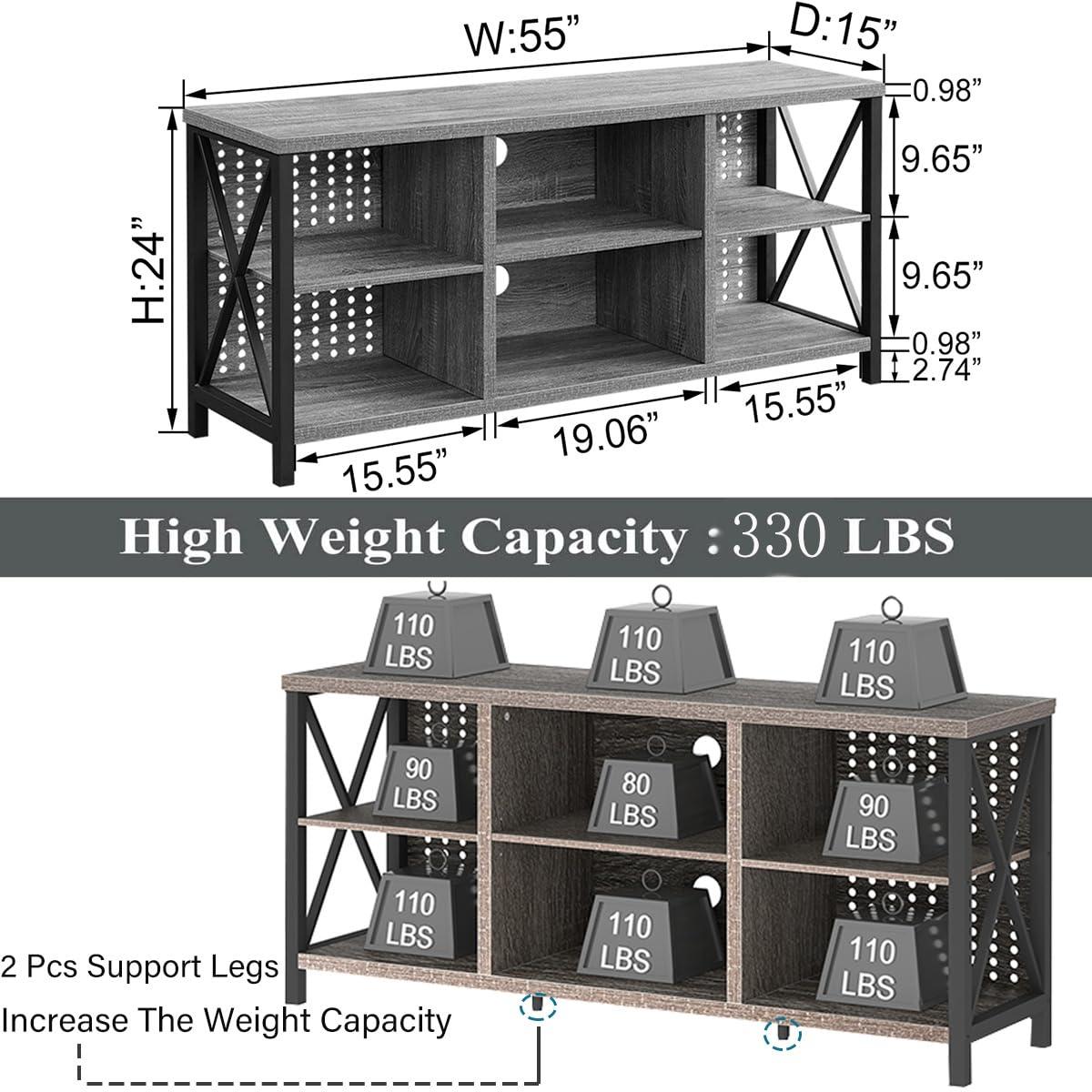 LVB Rustic Entertainment Center for 65 Inch TV, Industrial Wood TV Stand with Media Cabinet Storage, Farmhouse Metal Television Stands Console Table for Home Living Bedroom, Light Grey Oak, 55 Inch