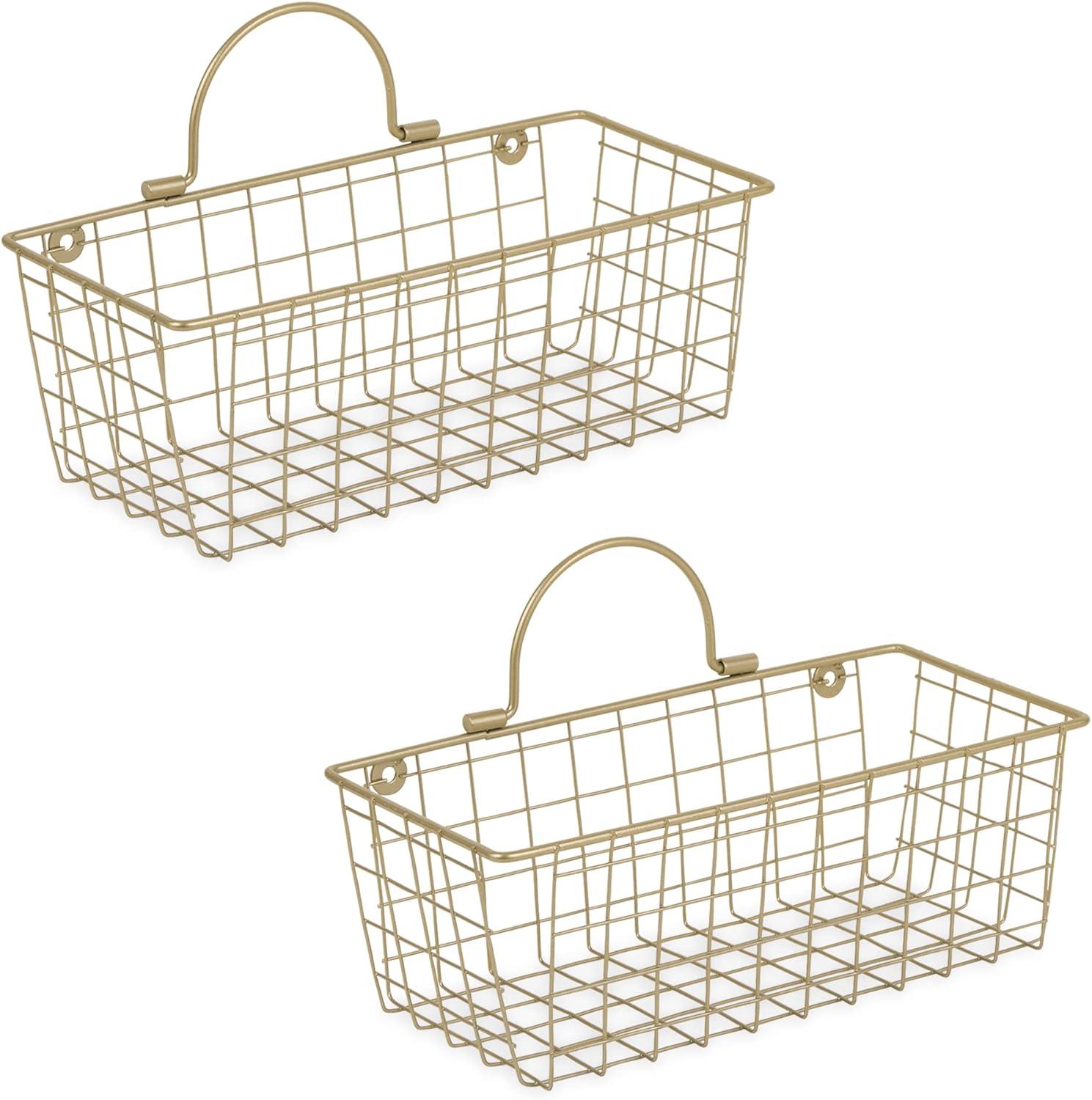 Vintage Gold Wire Wall Basket Set, Small Rectangular, 11.8"