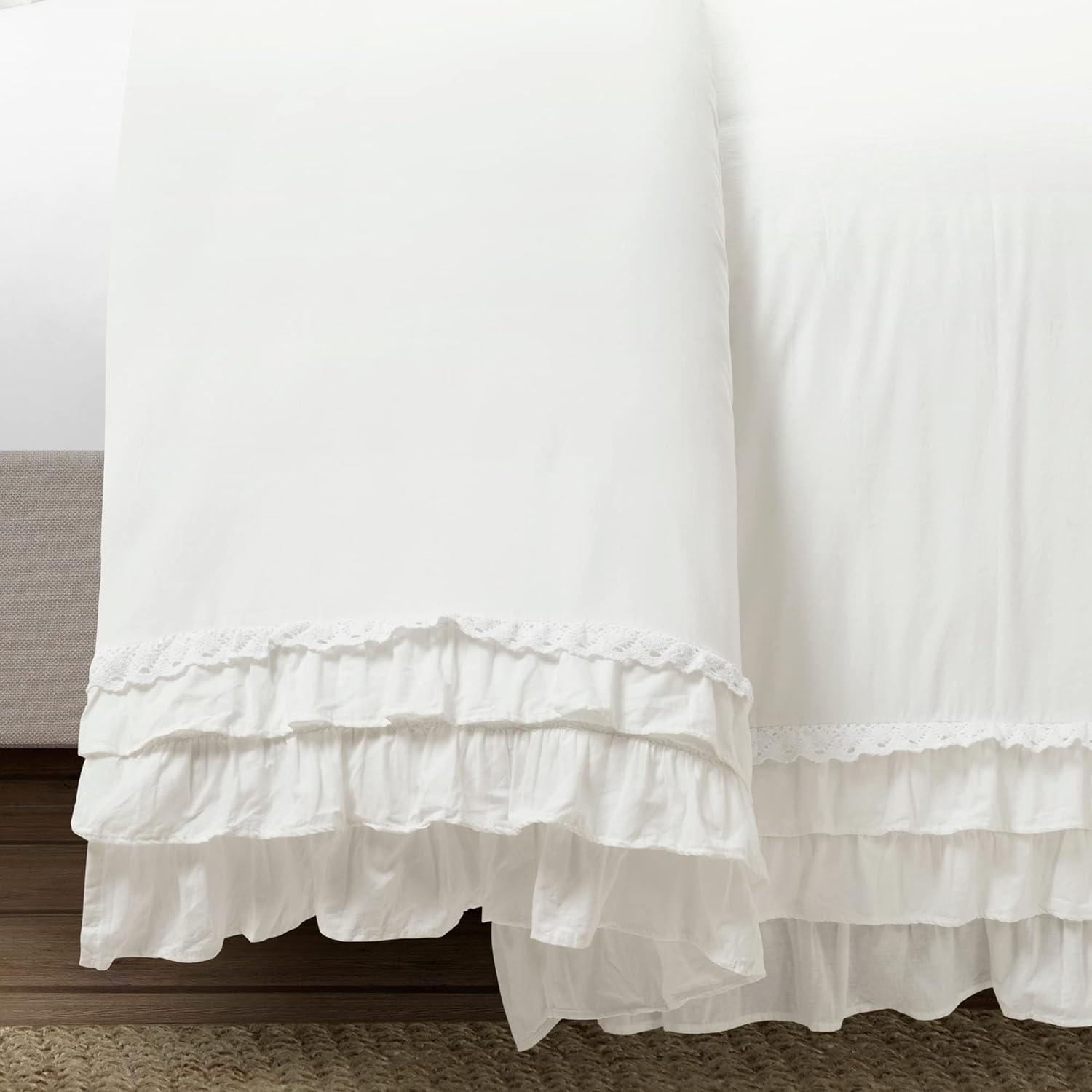 White Cotton Ruffled Lace Full/Queen Duvet Cover Set