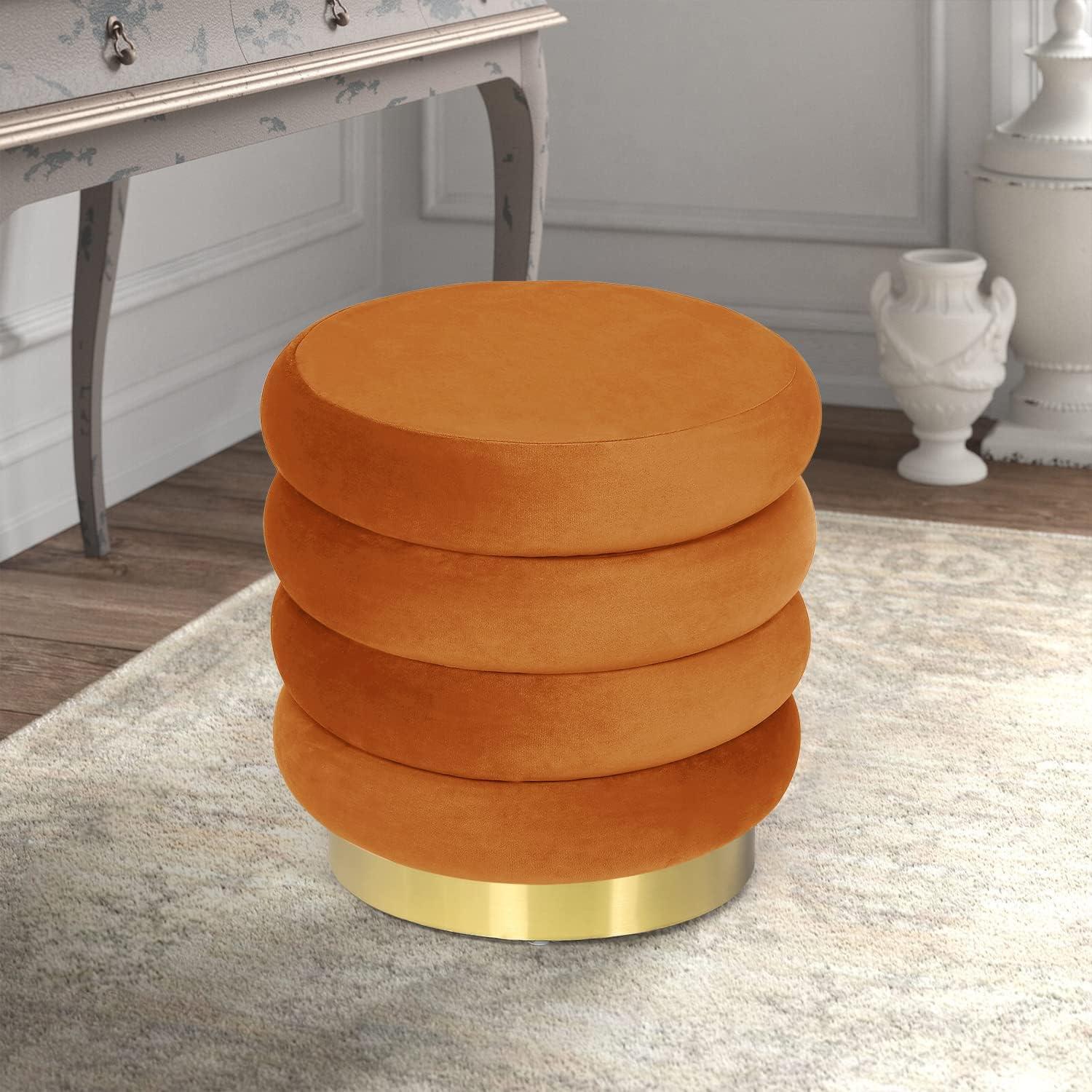 Adeco Round Ottoman Velvet Vanity Stool Chair with Metal Base, Modern Padded Footrest Stool Seat Footstool for Living Room Bedroom,Orange