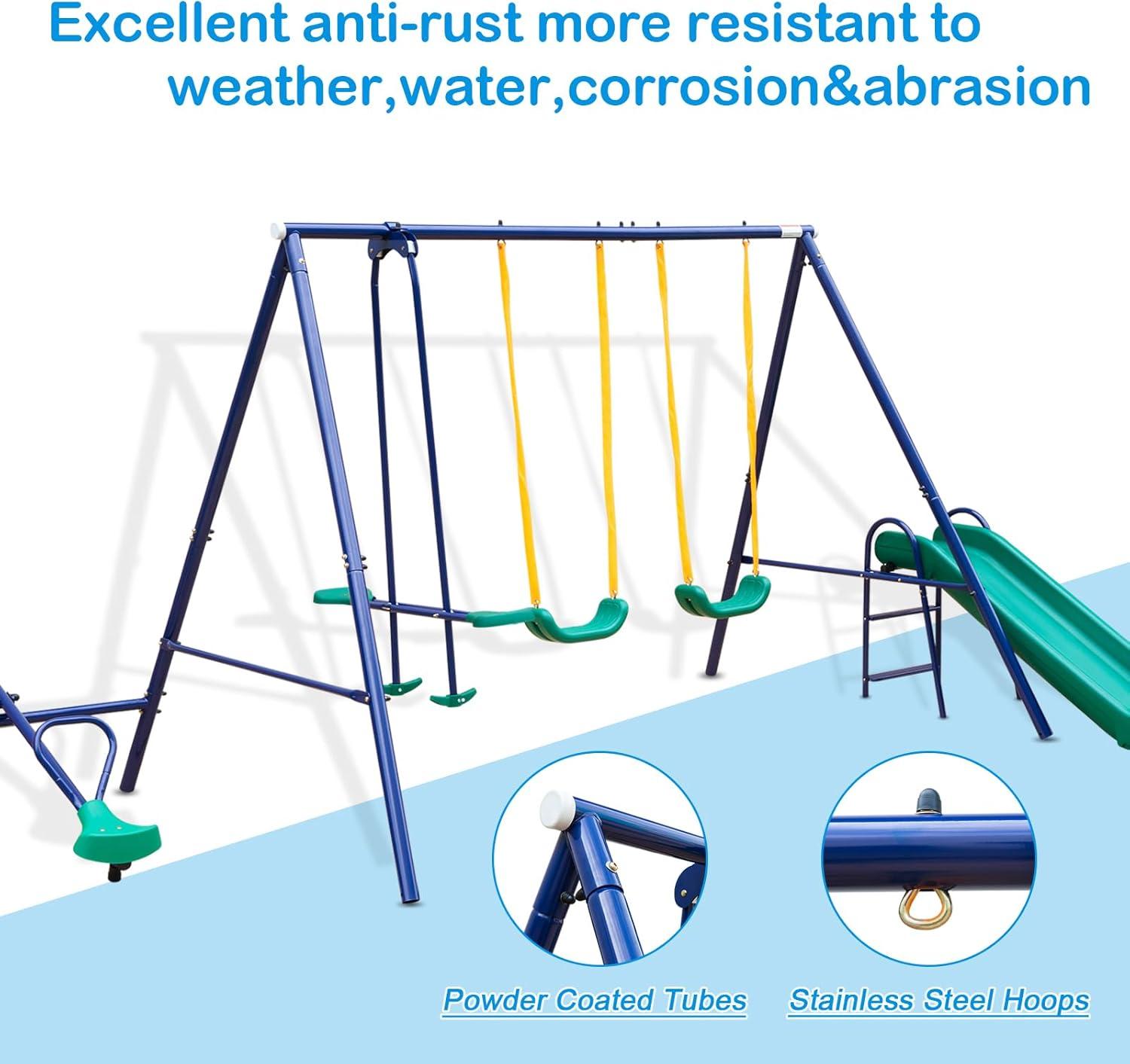 Swing Set for Backyard Outdoor Heavy Duty A-Frame Metal Playset with Seesaw, 2 Swings, Slide and Glider for Kids Toddlers