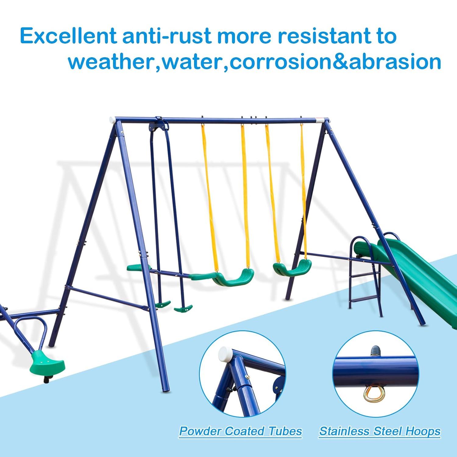 Swing Set for Backyard Outdoor Heavy Duty A-Frame Metal Playset with Seesaw, 2 Swings, Slide and Glider for Kids Toddlers