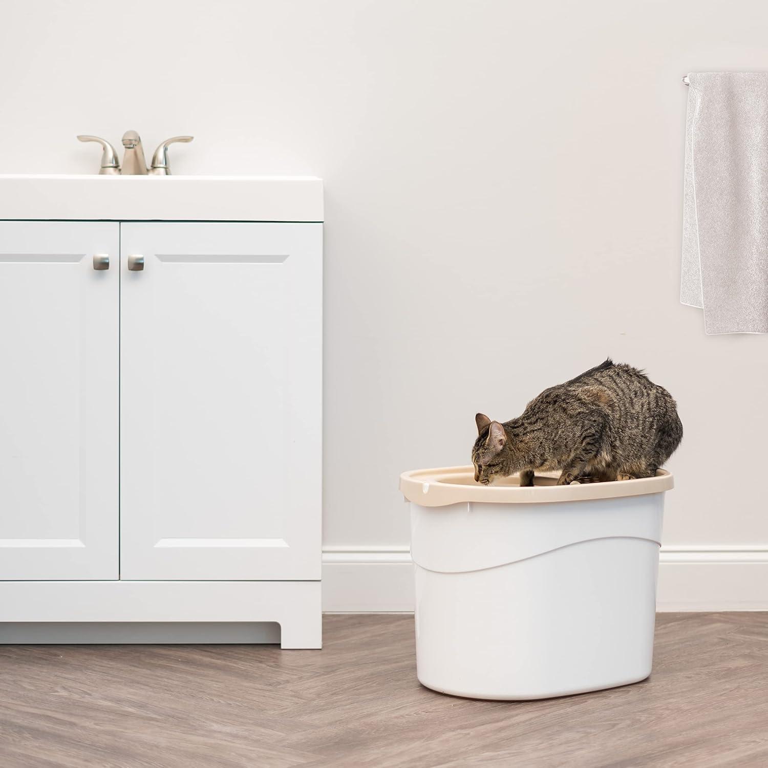 IRIS USA Oval Top Entry Cat Litter Box with Litter Catching Lid, Privacy Walls and Scoop