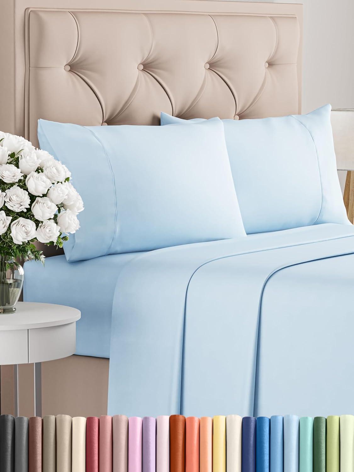 CGK Linens 100% Cotton 400 Thread Count 4 Piece Sheet Set - Soft & Cozy Sateen Bed Sheets in Light Blue, Size Queen