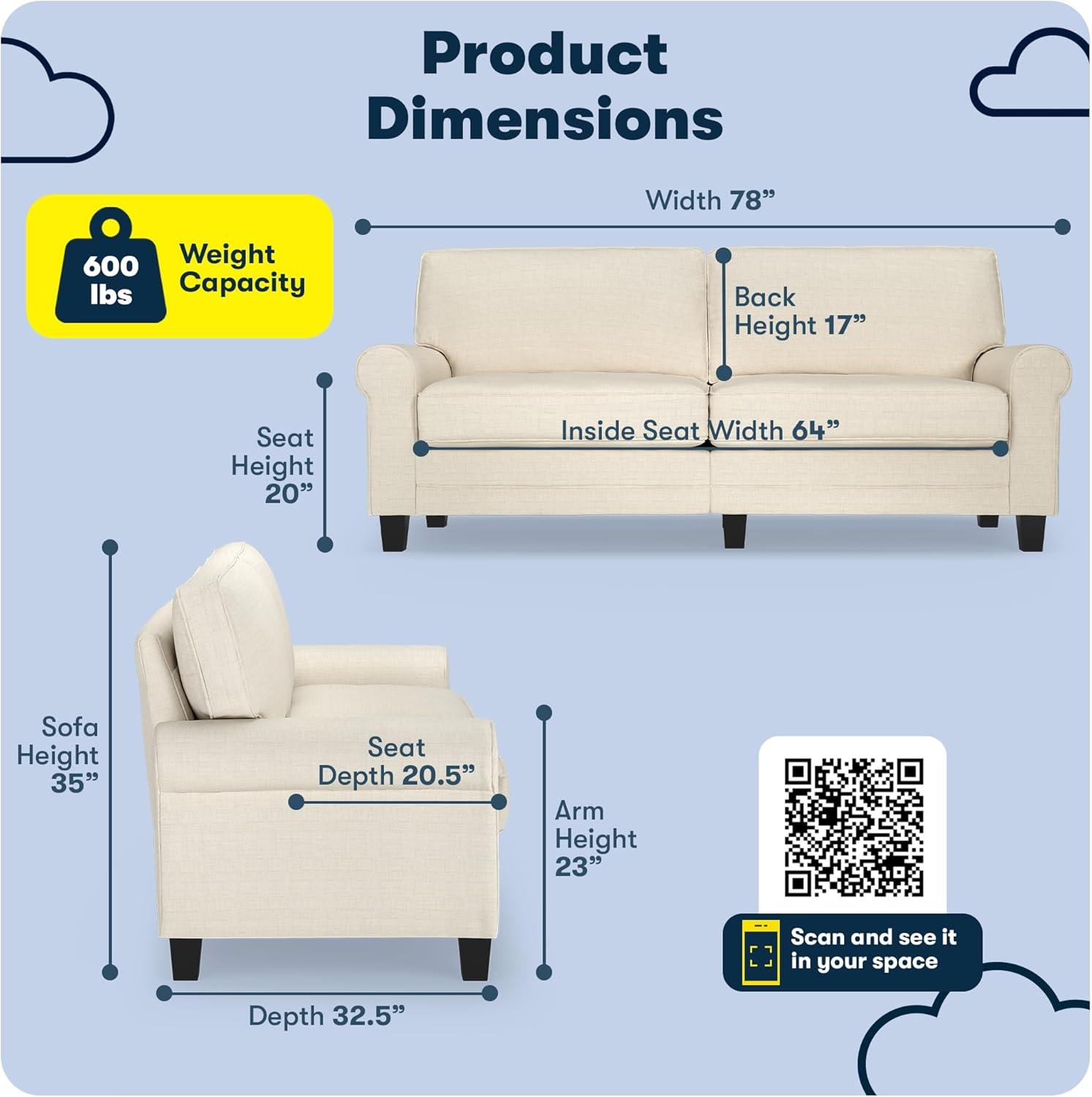 Serta Copenhagen 78" Rolled Arm Sofa, Easy Care Fabric, Soft Pillow Back, Pocket Coil Seat Cushions