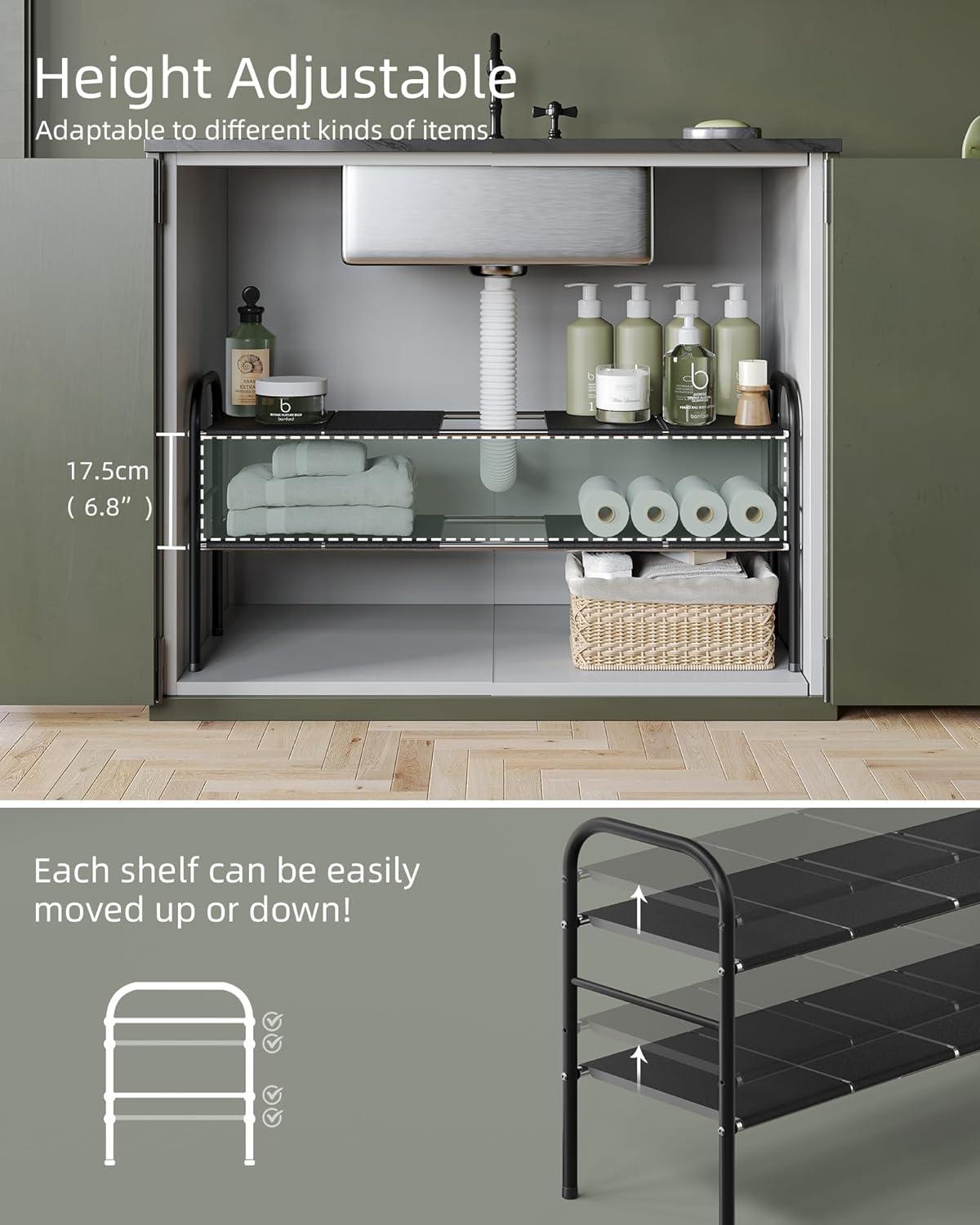 THE GLAMOUR BOUTIQUES Under Sink Organizers And Storage, 2 Tier Expandable Under Cabinet Organizer Shelf With 8 Removable Panels,Expandable Shelf For Cupboard,Kitchen,Bathroom,Shoe Storage Rack