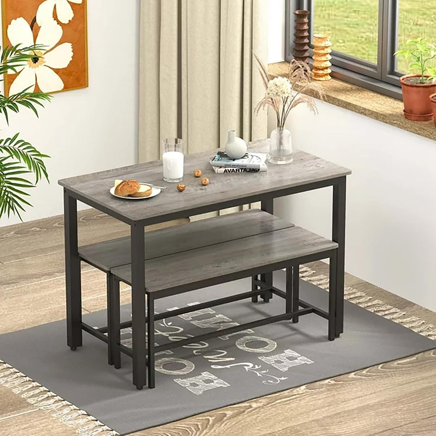 Gray Wood and Steel 3-Piece Dining Set with Benches